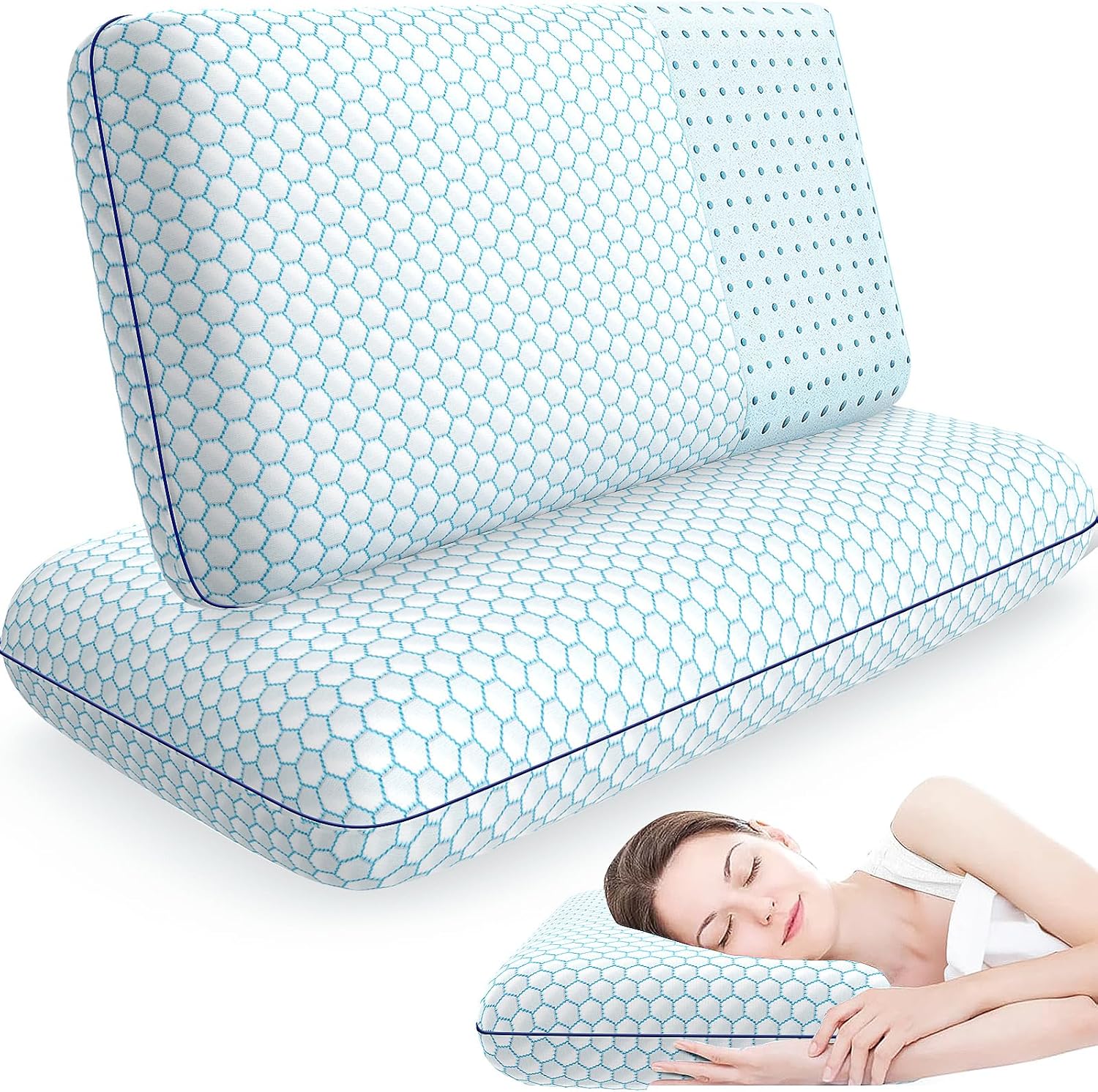 CushyOasis Memory Foam Pillows Set of 2 Blue Queen Size