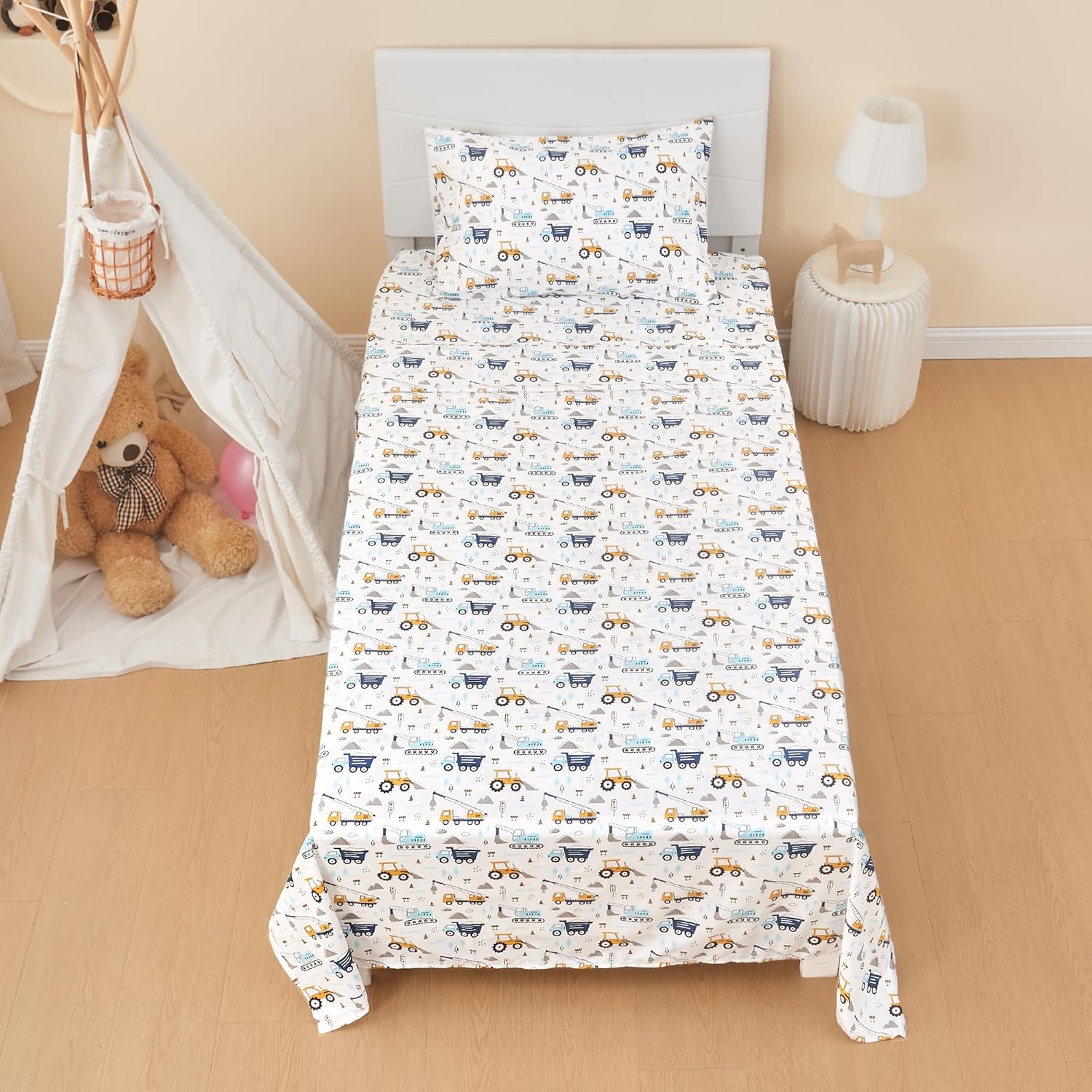 Kids Twin Sheet Set 3 Pcs Blue Excavator Car Pattern