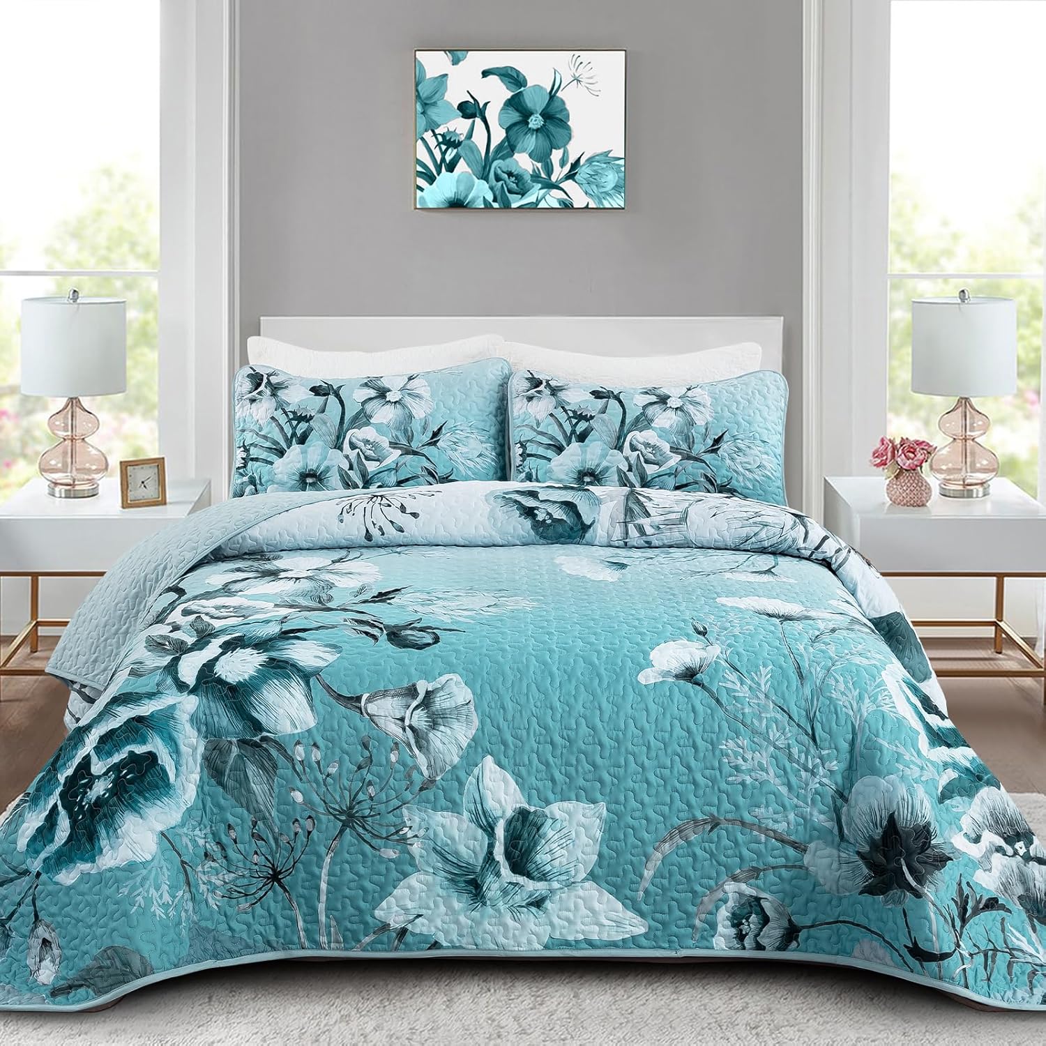 Drucon Blue Floral Quilt Set Queen 3 Pieces