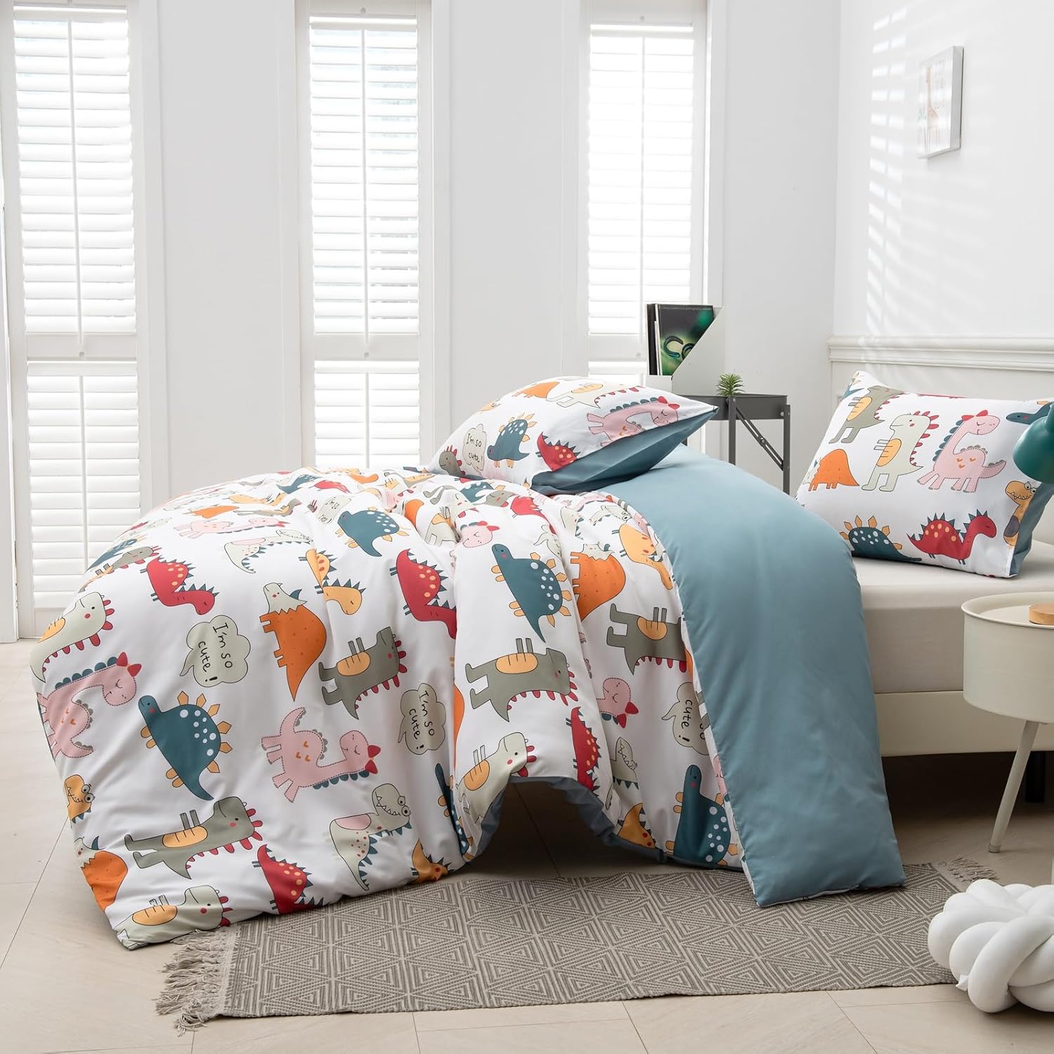 JYhoney Dinosaur Duvet Cover Set Queen 3pcs Reversible Blue Bedding