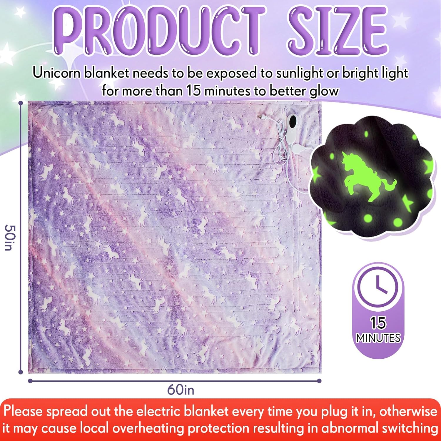 Kids Heated Blanket with 10 Levels and Glow in the Dark Design