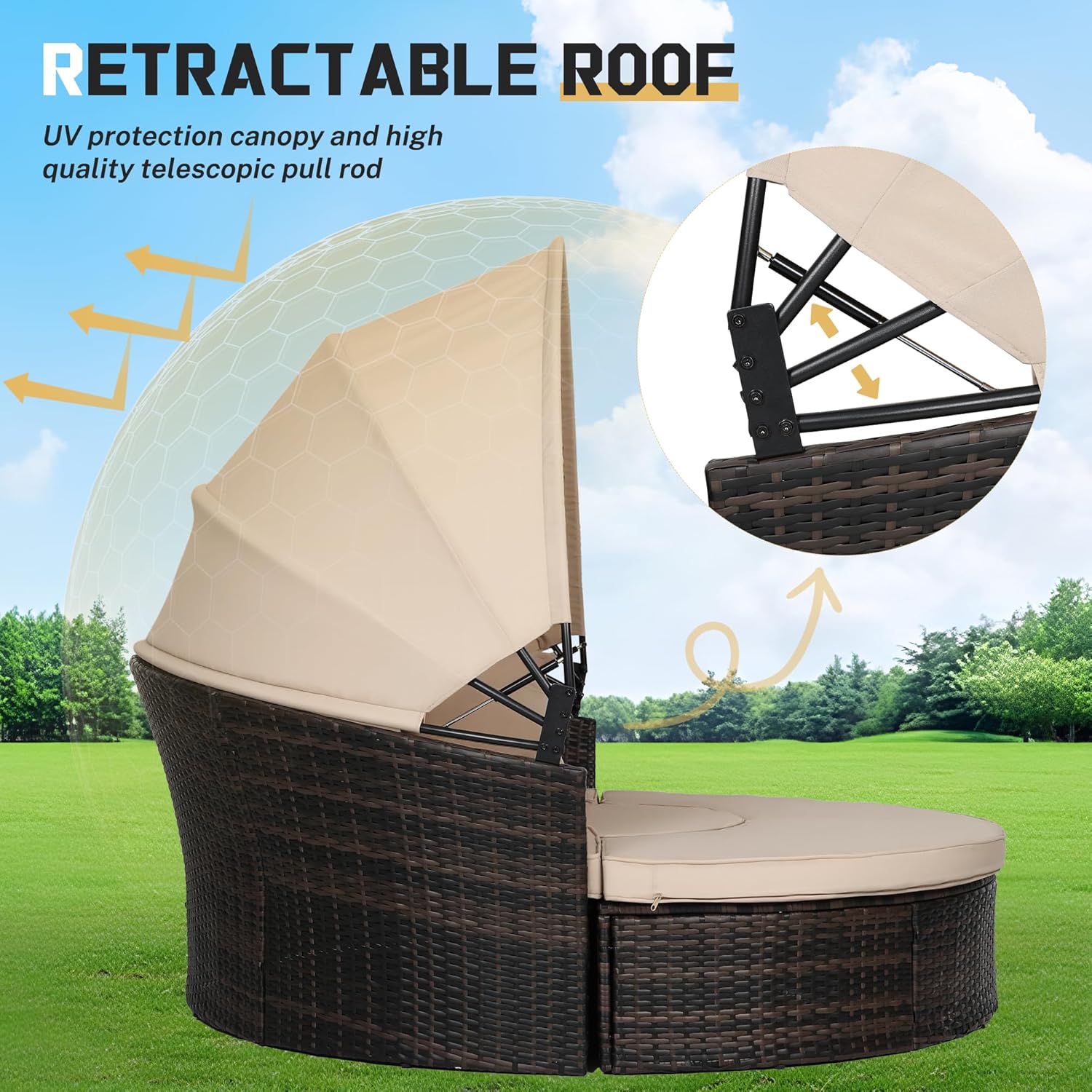 Incbruce Round Daybed with Retractable Canopy Black Wicker