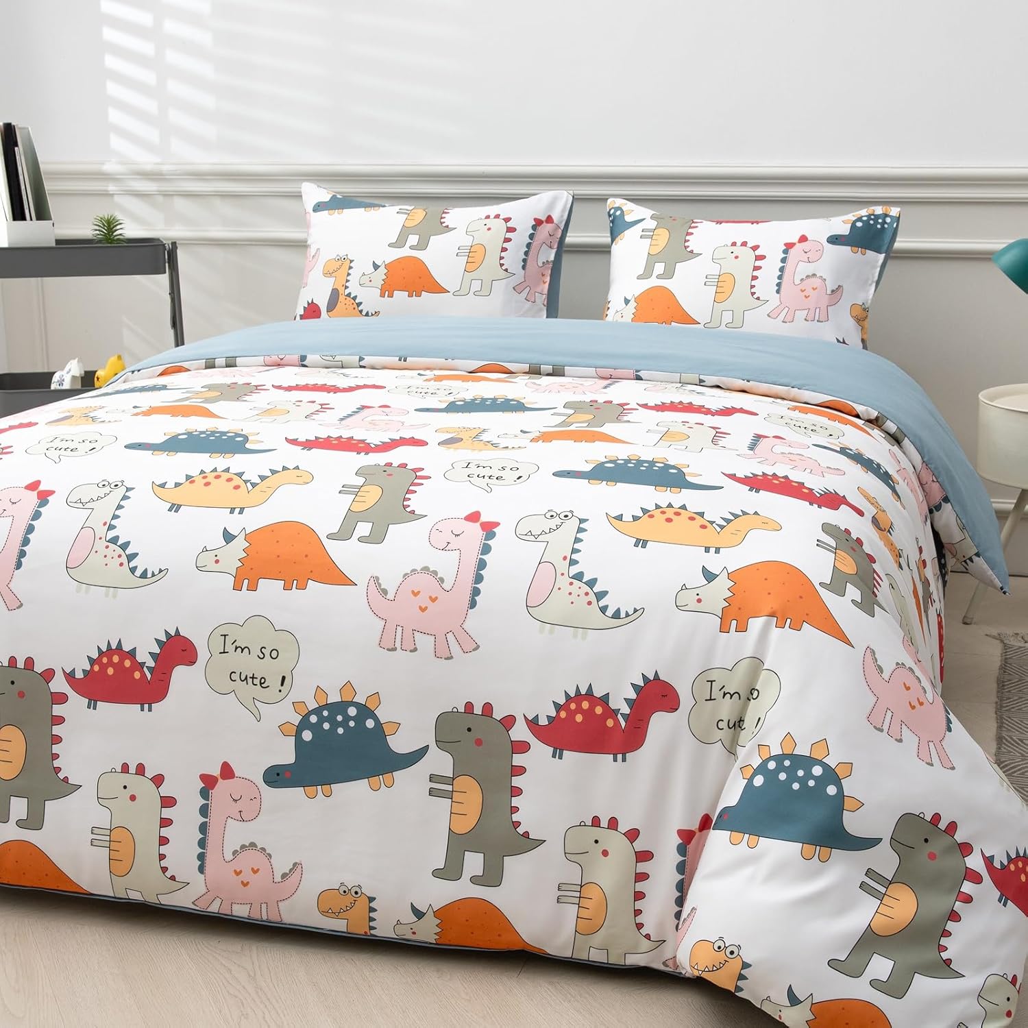 JYhoney Dinosaur Duvet Cover Set Queen 3pcs Reversible Blue Bedding