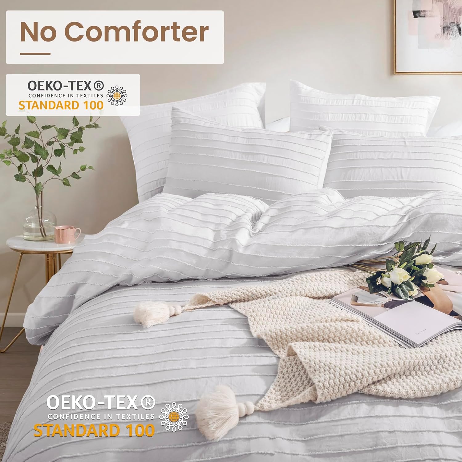 NEXHOME PRO Twin Duvet Cover Set - Light Grey Boho Tufted