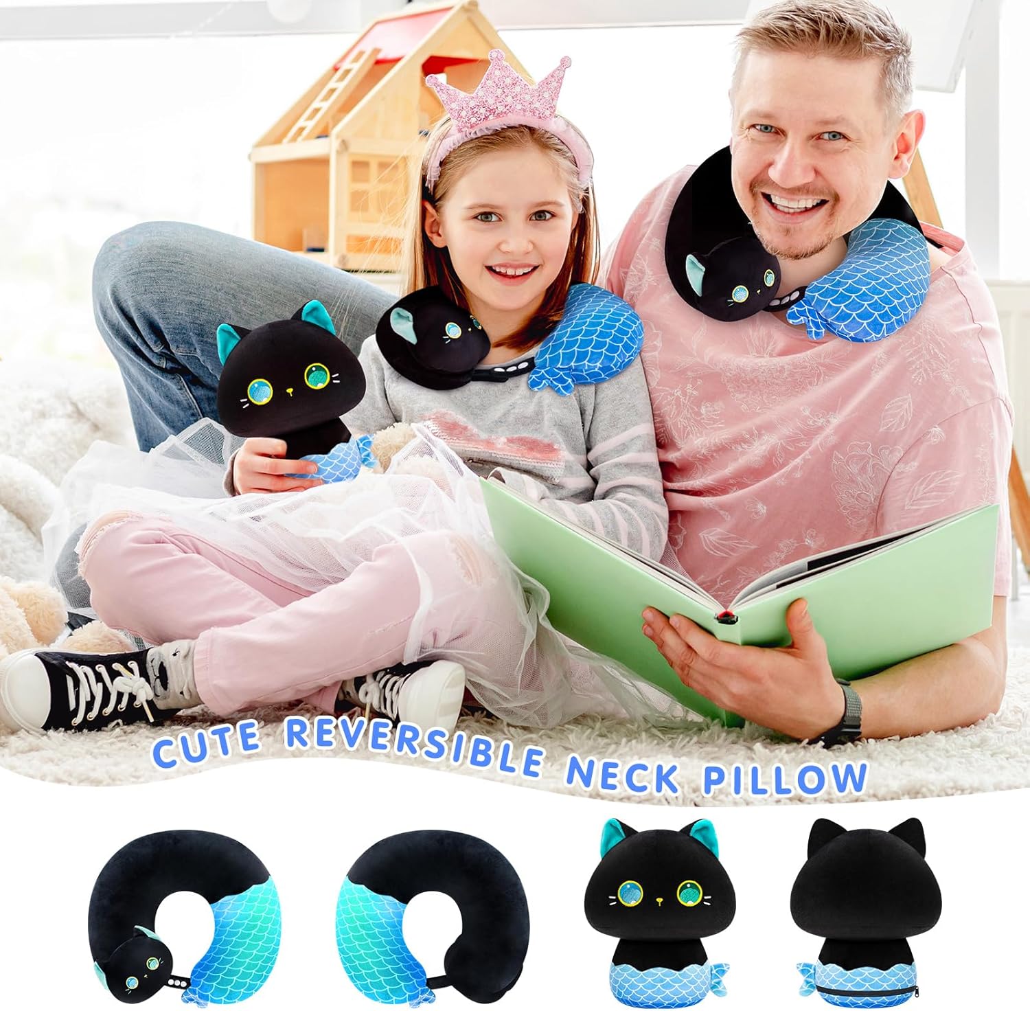 Caaaat 2-in-1 Reversible Travel Pillow with Cute Cat Plush Design