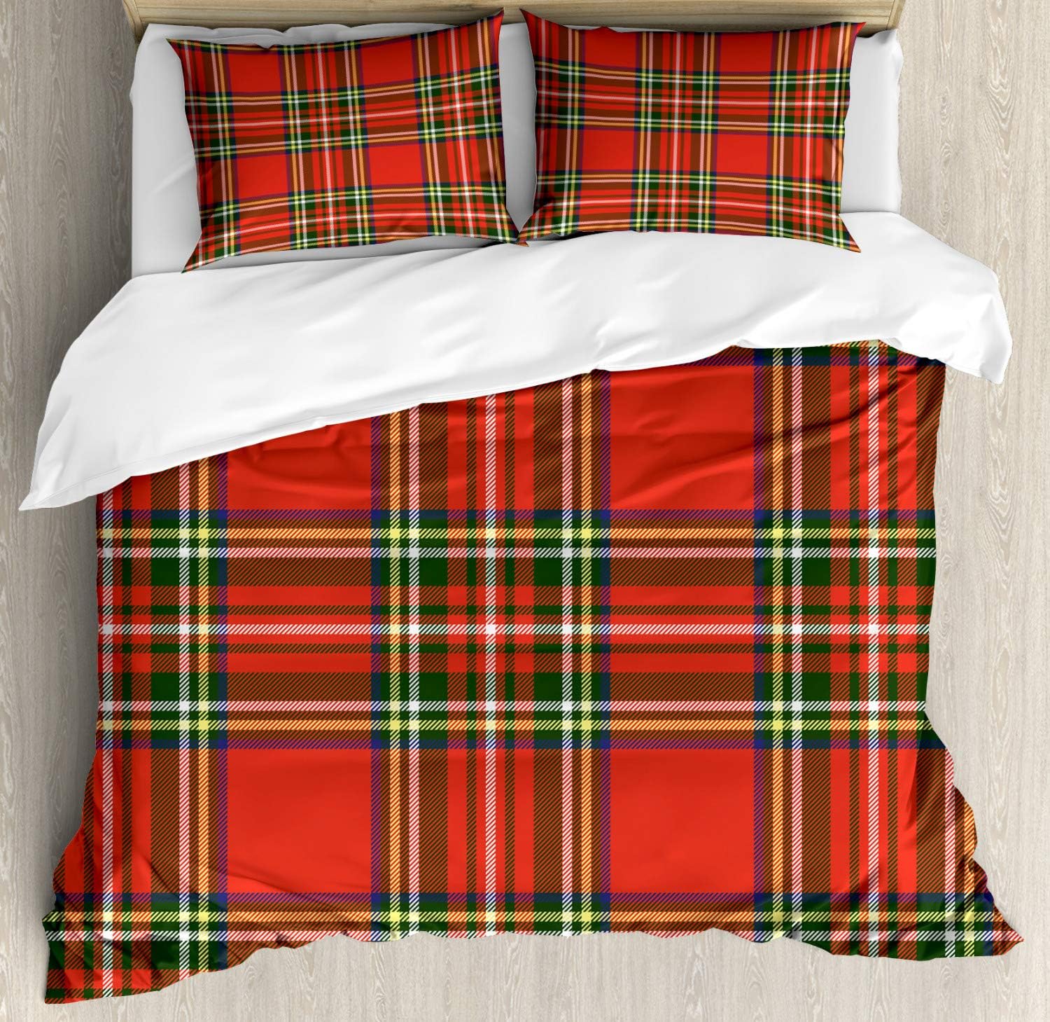 Ambesonne Plaid Duvet Cover Set King Size - Vermilion Orange and Green