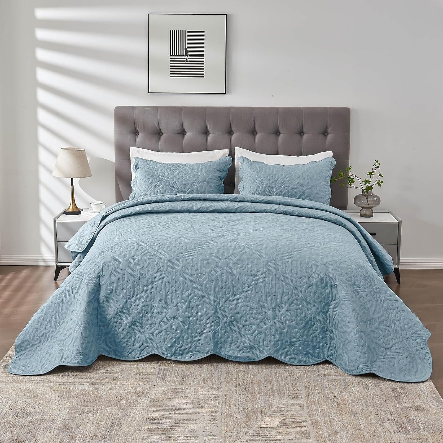 Kingnex King Size Bedspread Soft Lightweight Quilted Set 3 Pieces Blue