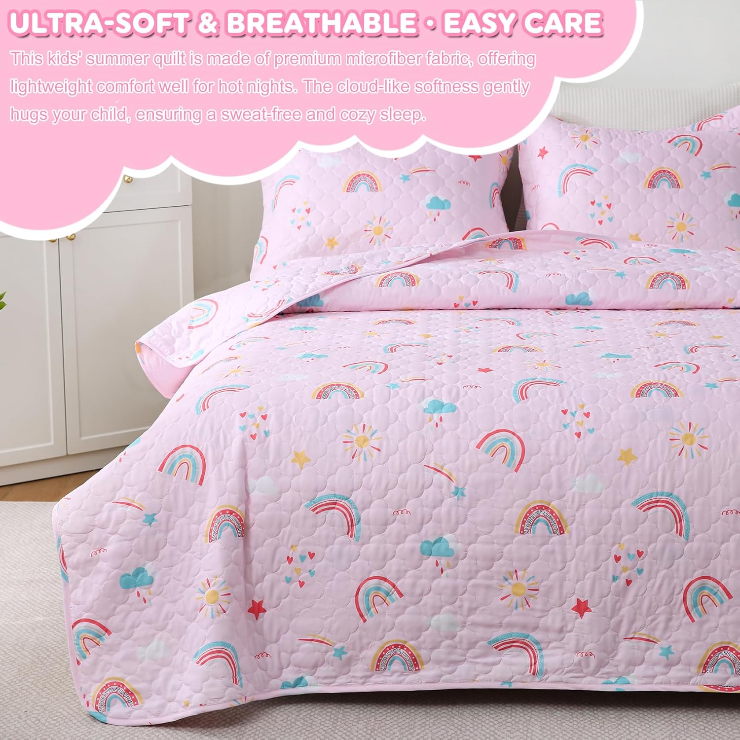 CIMVI Pink Rainbow Quilt Set for Kids