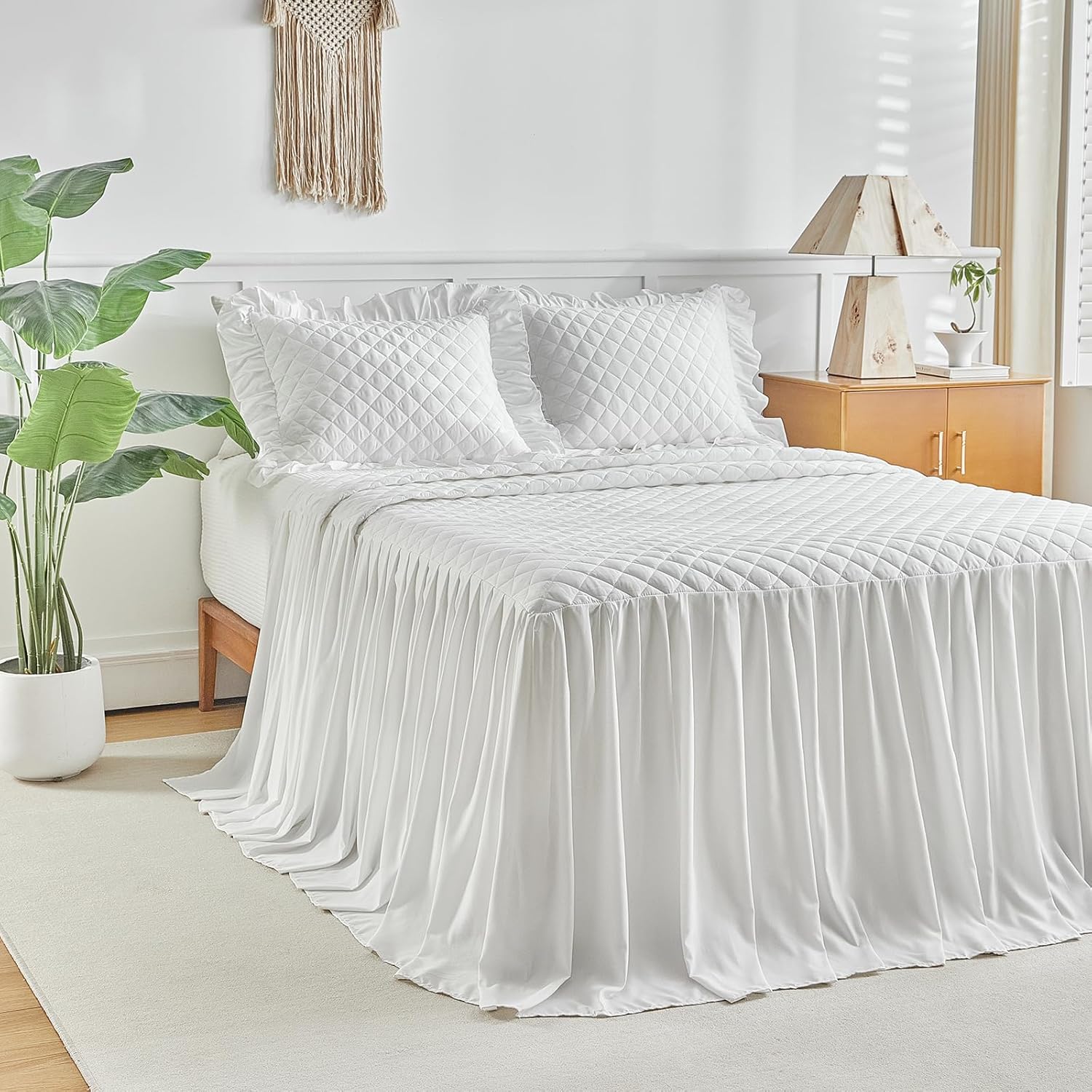 UOZZI BEDDING Ruffle Skirt Bedspread Set Queen Size White