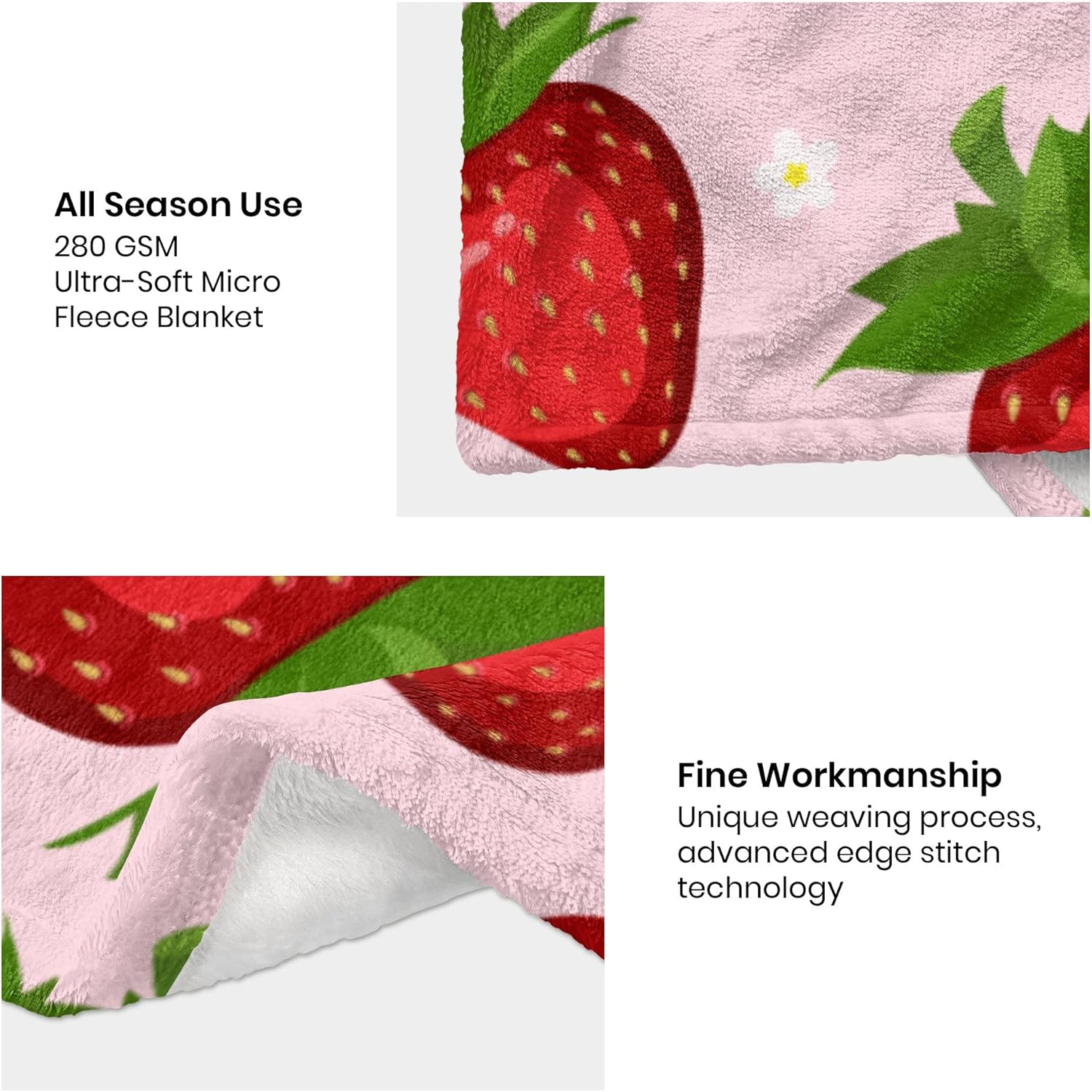 Pink Strawberry Throw Blanket for Kids Soft Fuzzy 50x60 Inches