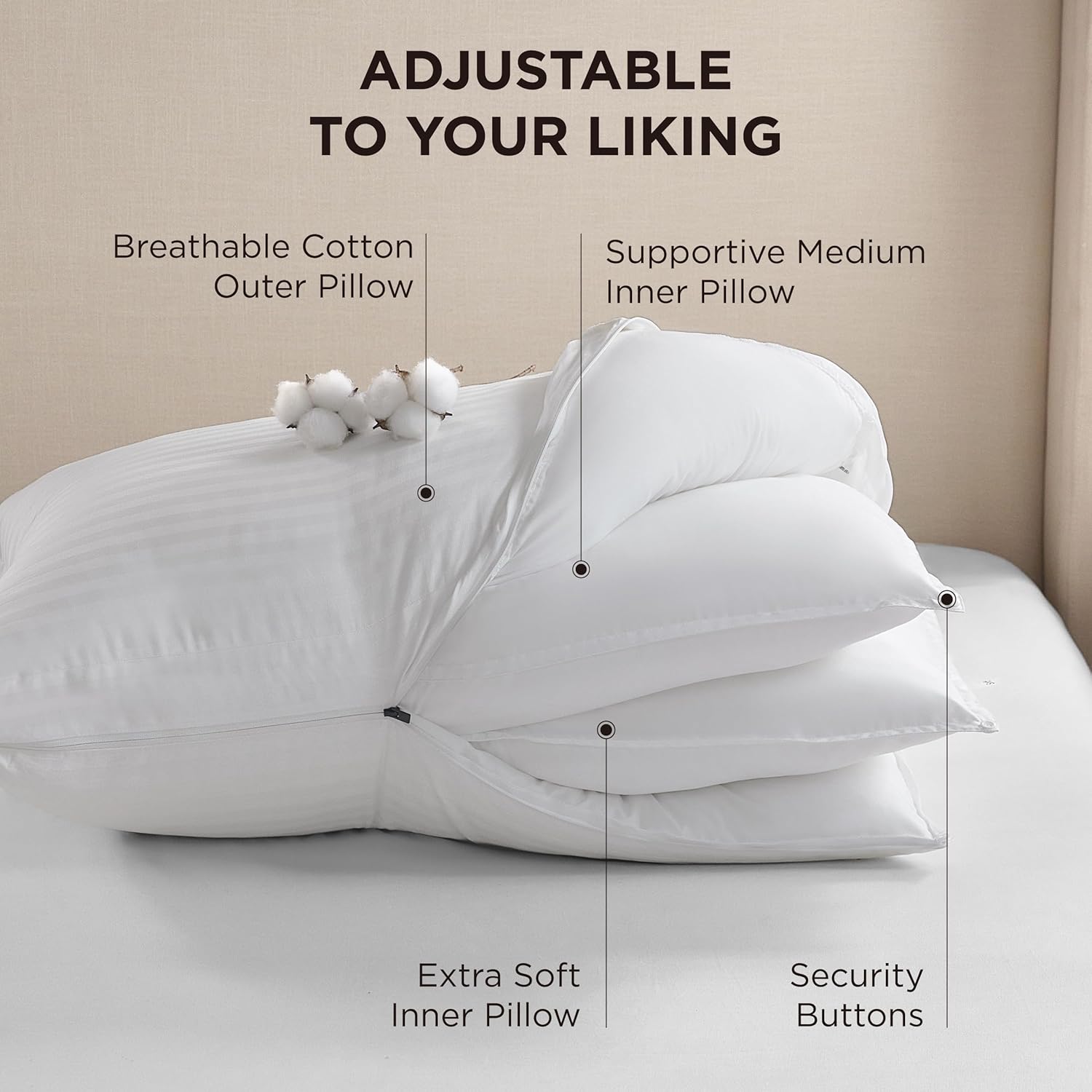 Bedsure Adjustable Layer Standard Pillow 2 Pack