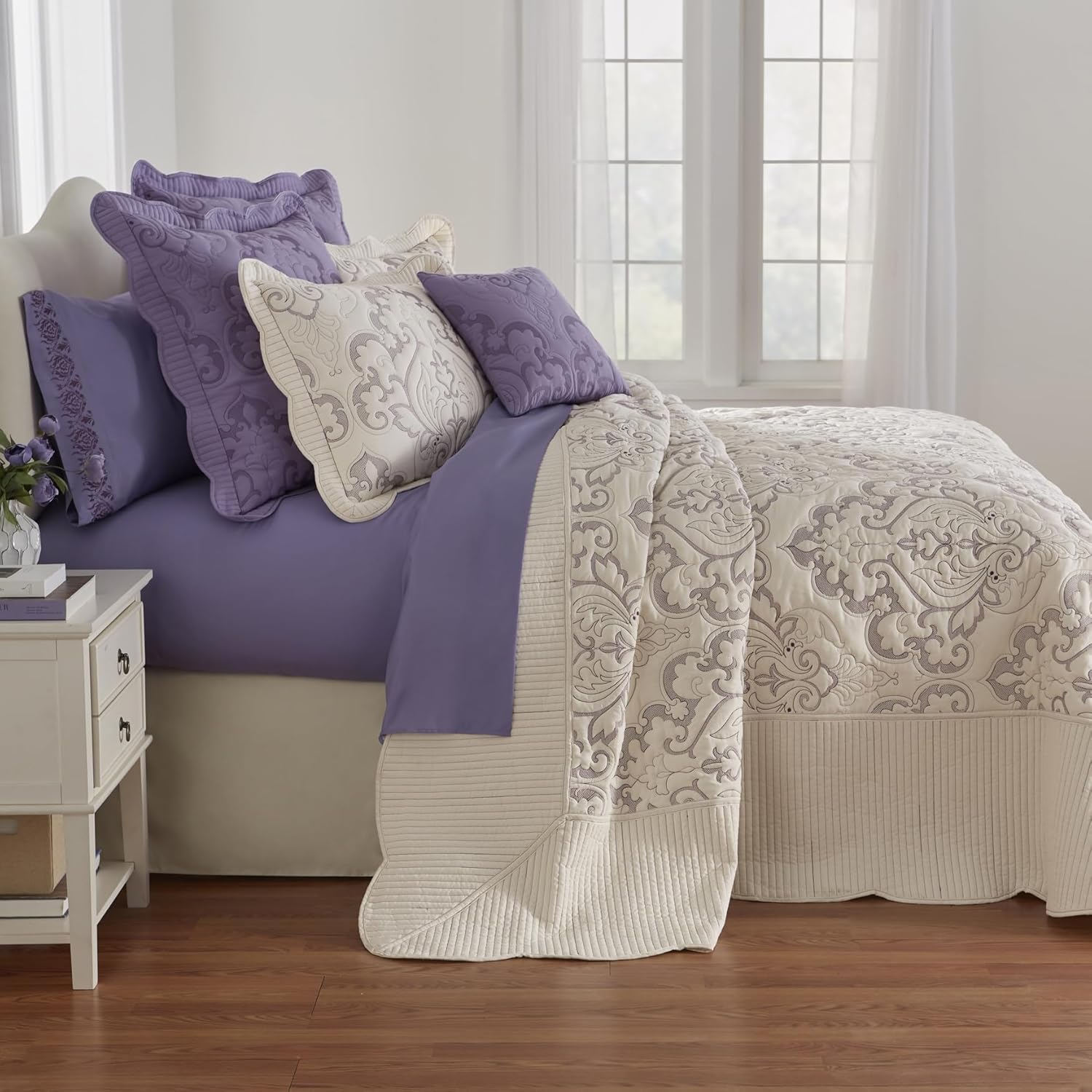 BrylaneHome Ultra Soft Damask Bedspread - King Ivory Lavender