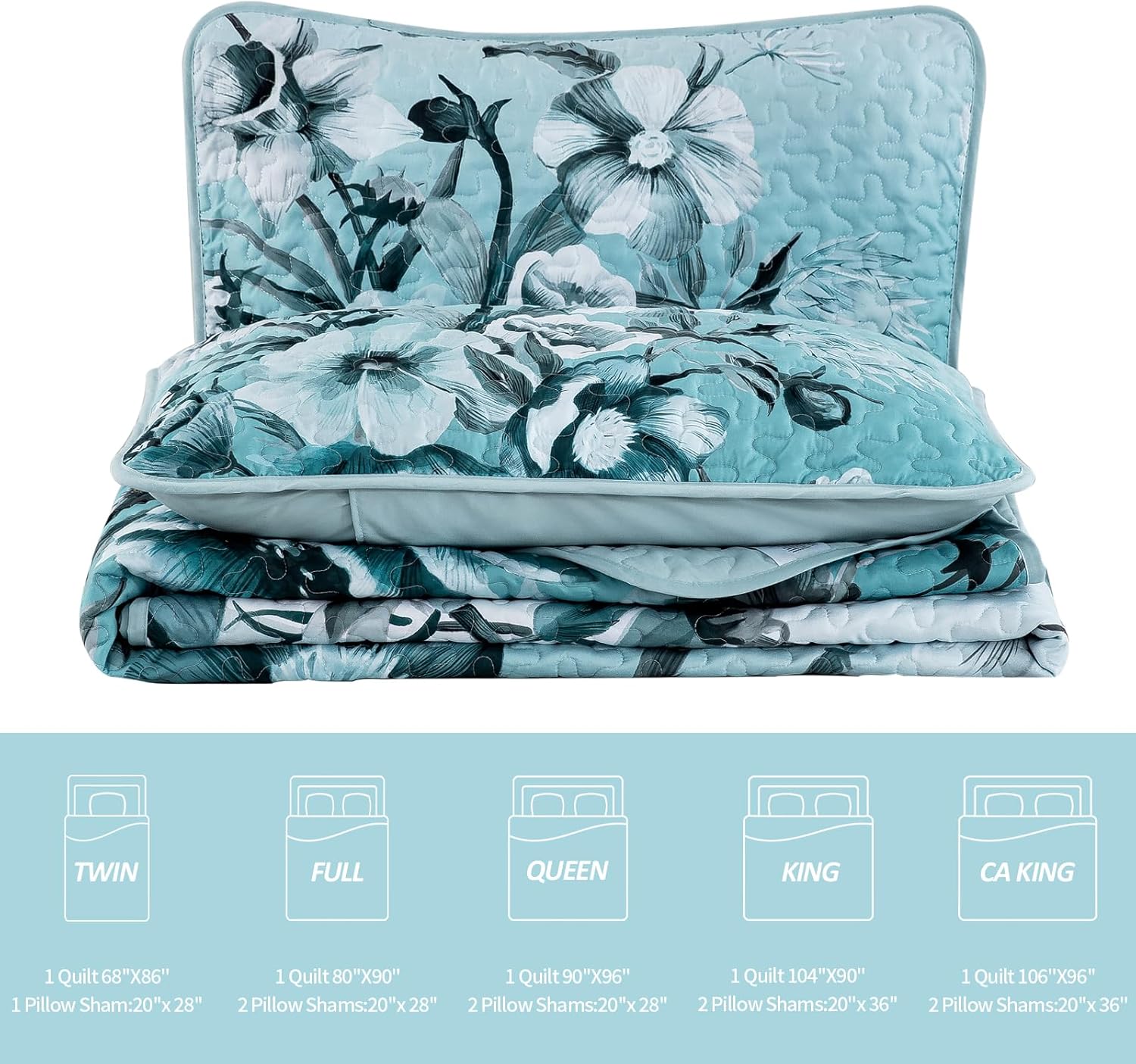 Drucon Blue Floral Quilt Set Queen 3 Pieces