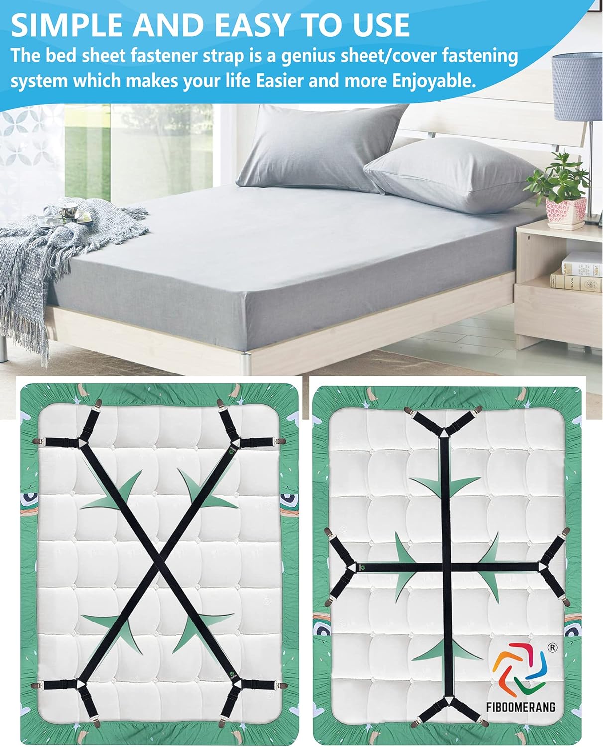 FIBOOMERANG Bed Sheet Straps - Crisscross Fitted Sheet Clips 2PcsSet Black
