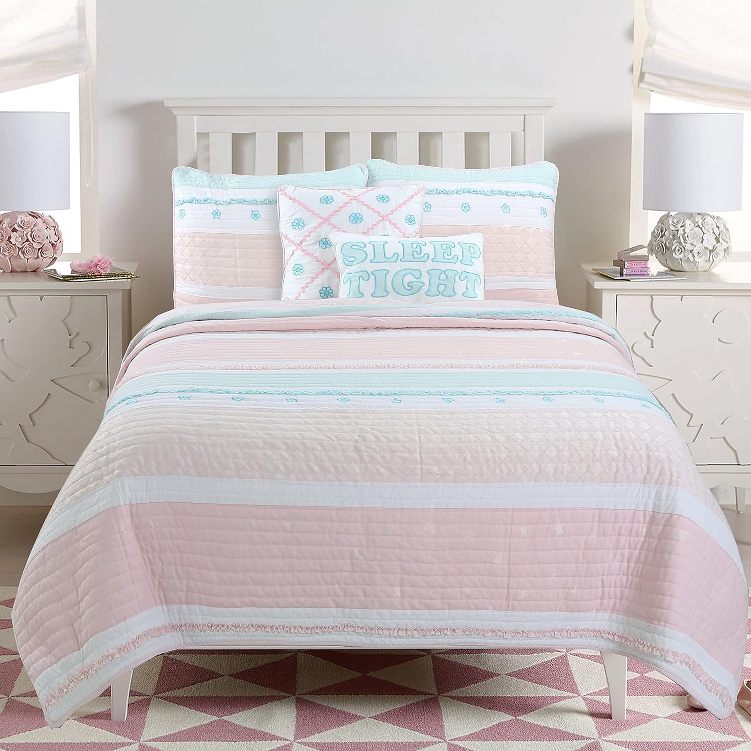 Cozy Line Light Pink Blue Ruffles Quilt Bedding Set 3 Piece