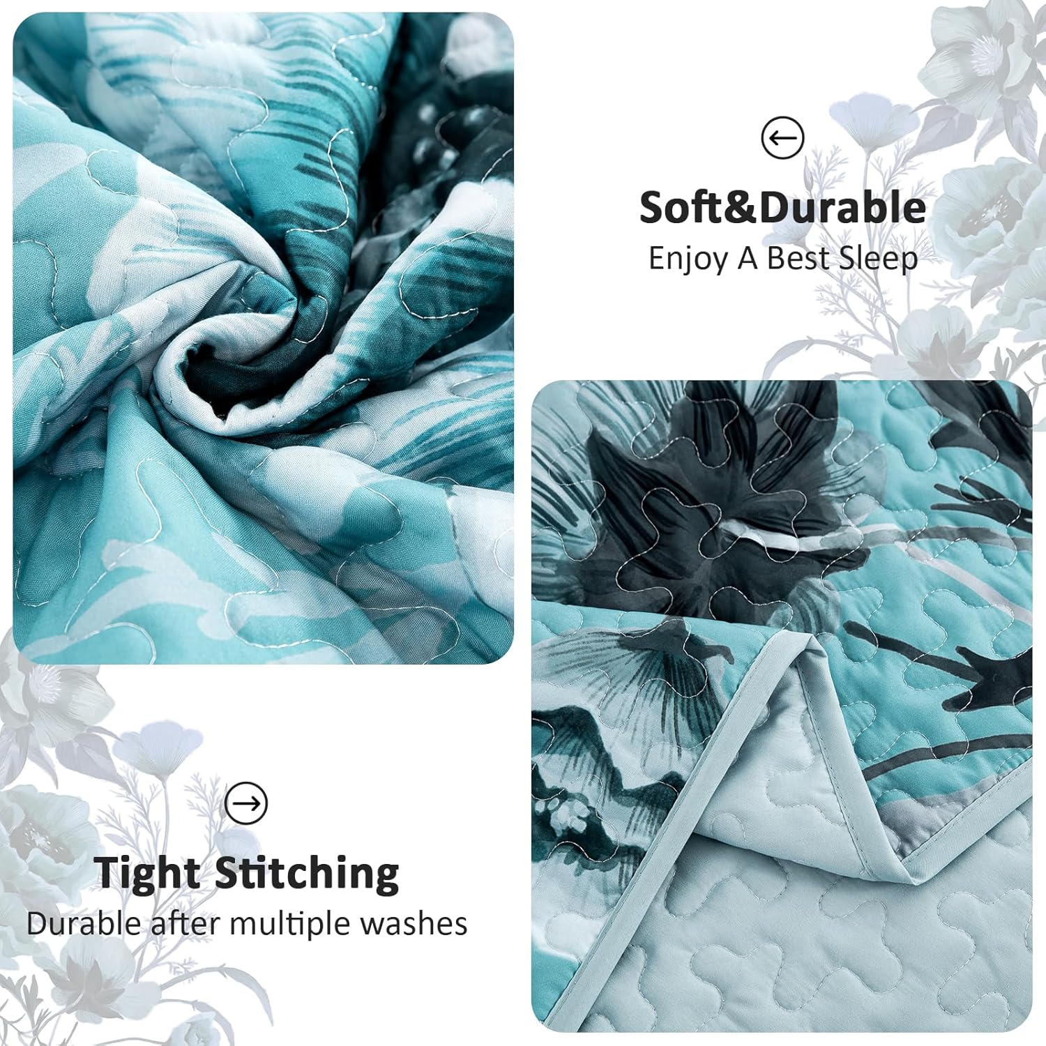 Drucon Blue Floral Quilt Set Queen 3 Pieces