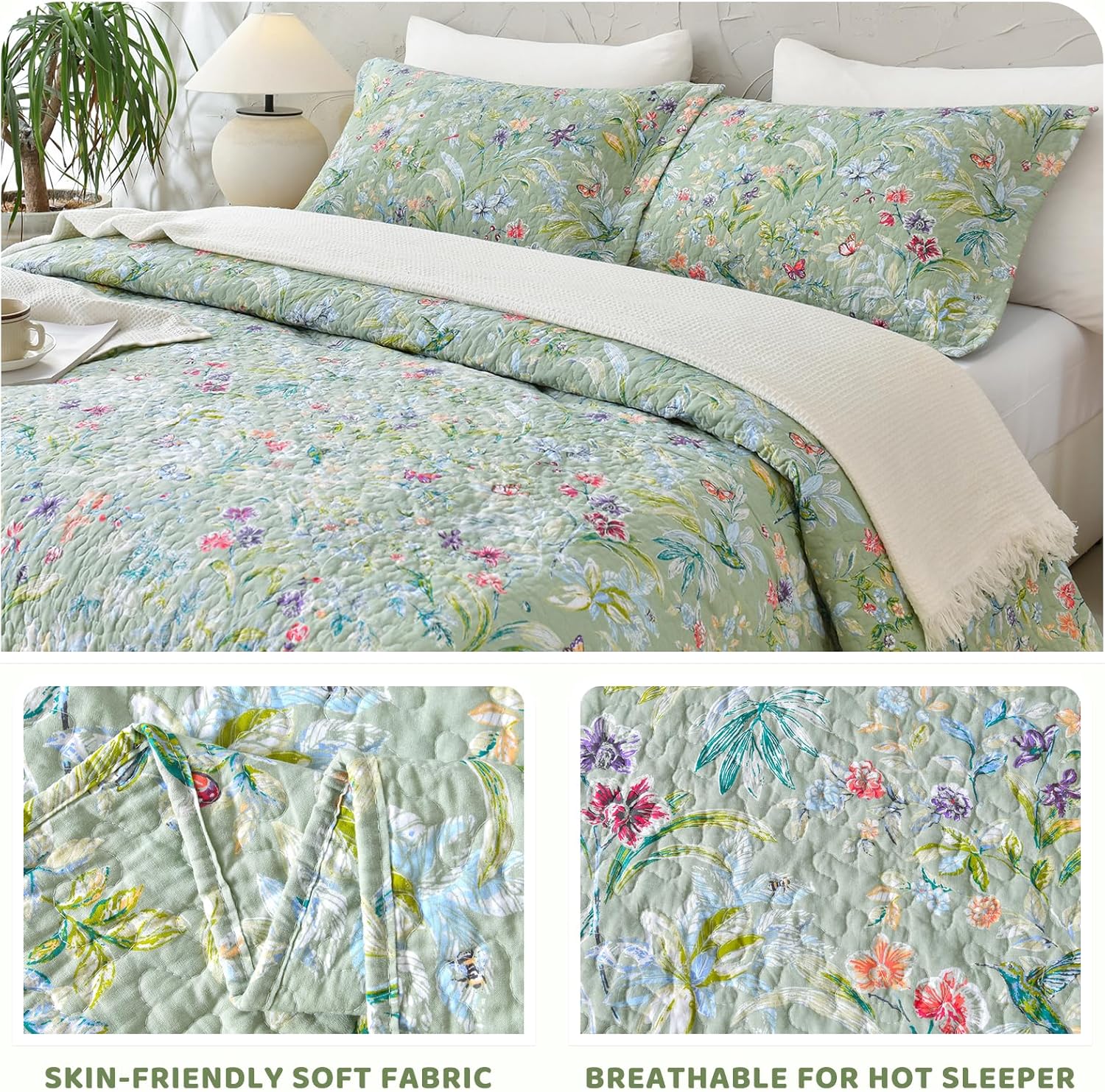 Sanracie Floral Quilt Set - 3pcs Cotton King Size