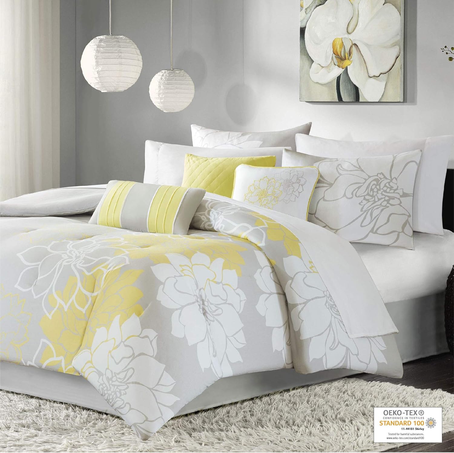 Madison Park Lola Sateen Comforter Set 7 Piece Grey Yellow