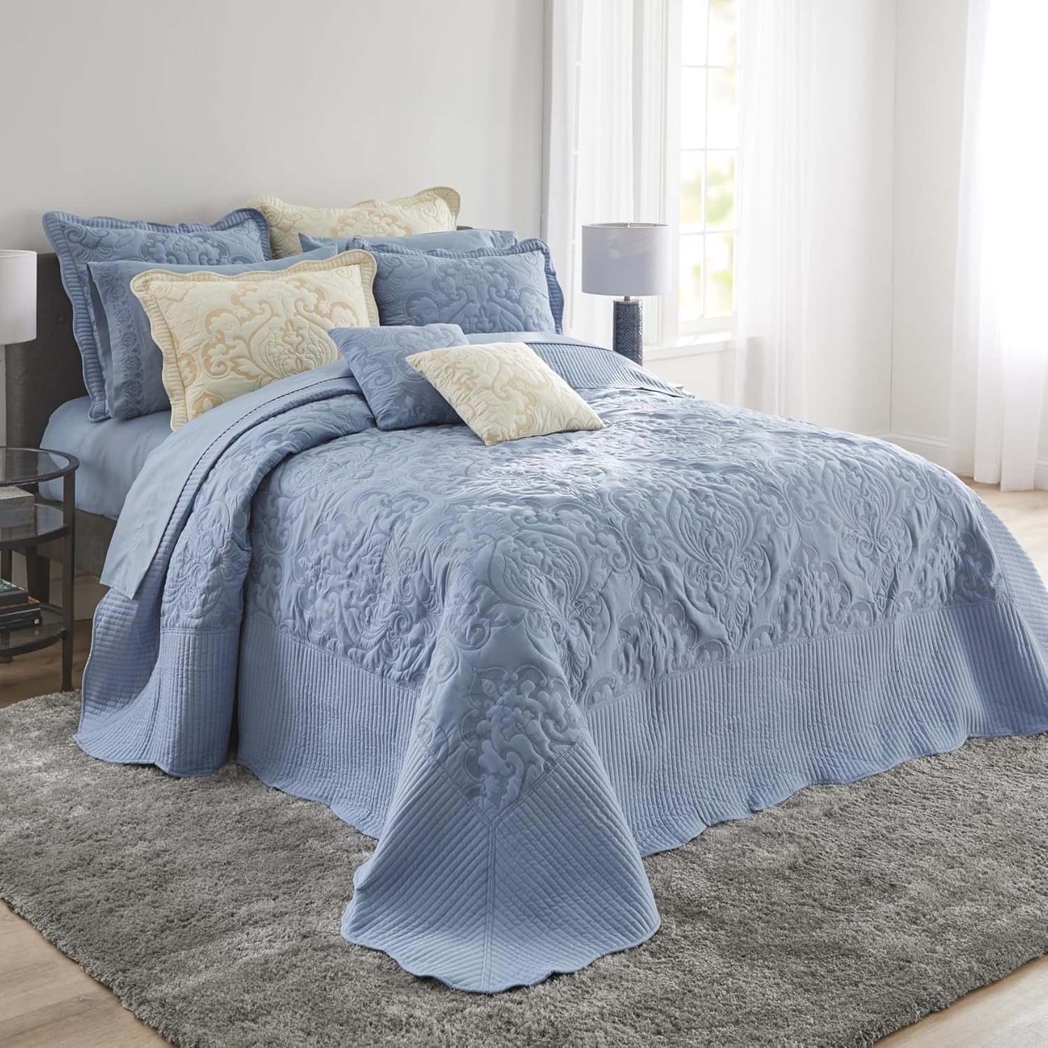 BrylaneHome Ultra Soft Damask Bedspread - King Ivory Lavender