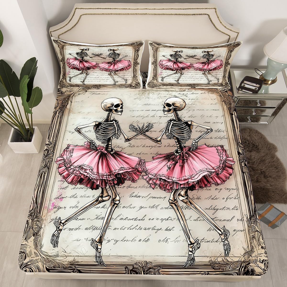Manfei Skeleton Kids Fitted Sheet Set Pink Brown Bedding with Gothic Skull Design