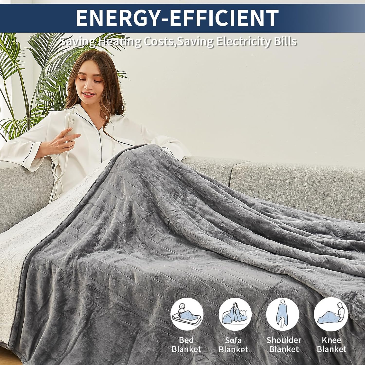 JKMAX Heated Blanket 72x84 Grey 5 Heating Levels 4H Auto Off