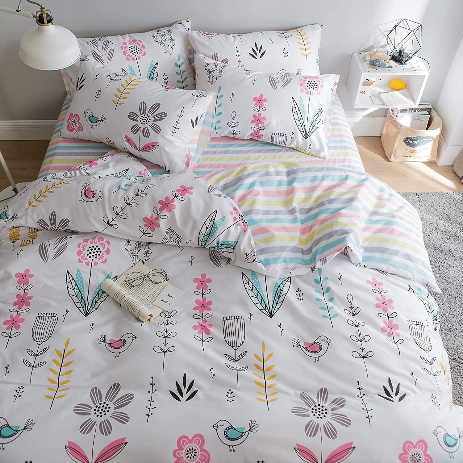 BuLuTu Reversible Cotton Duvet Cover Set for Kids