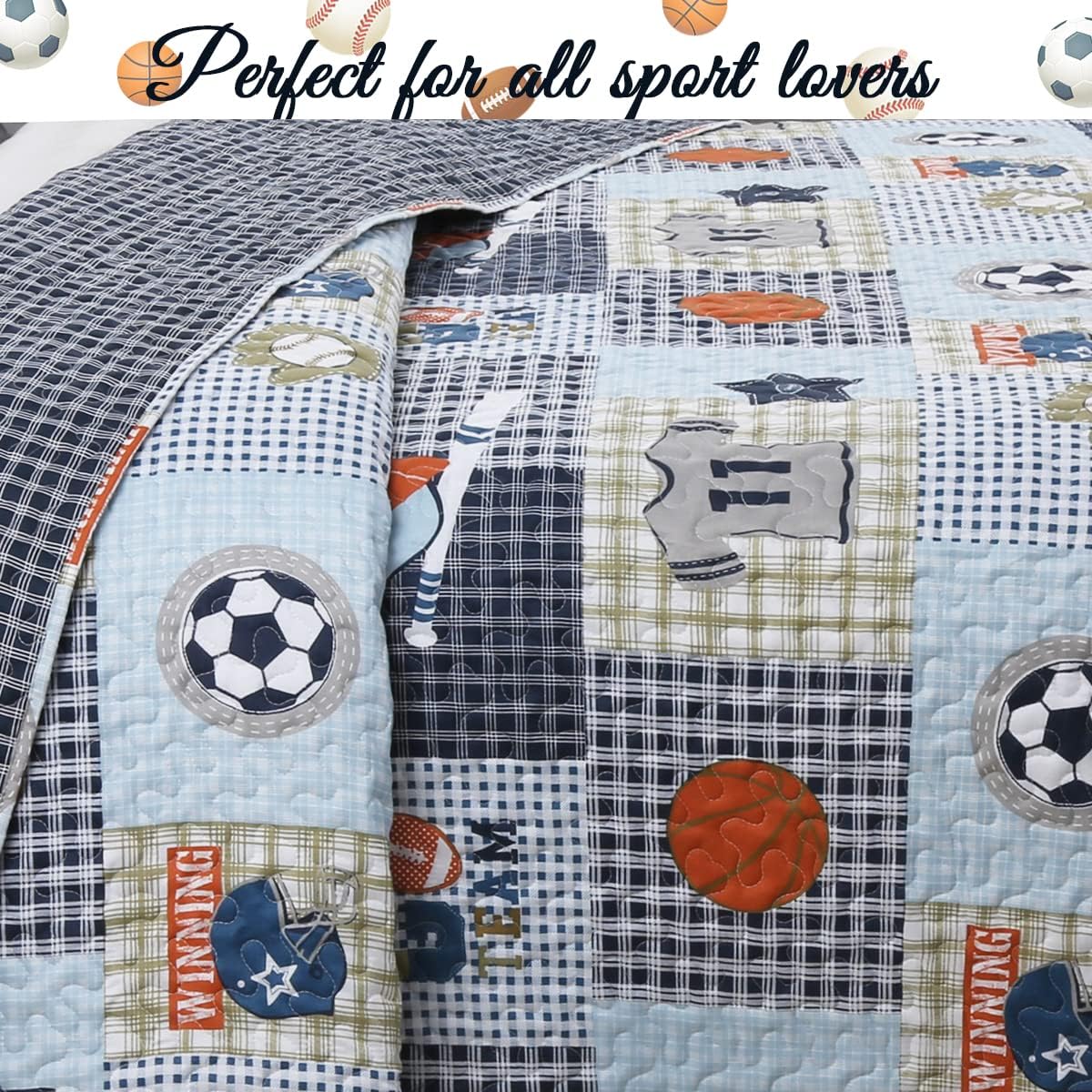 Cozy Line Blue Sports Quilt Set for Boys Kids Queen