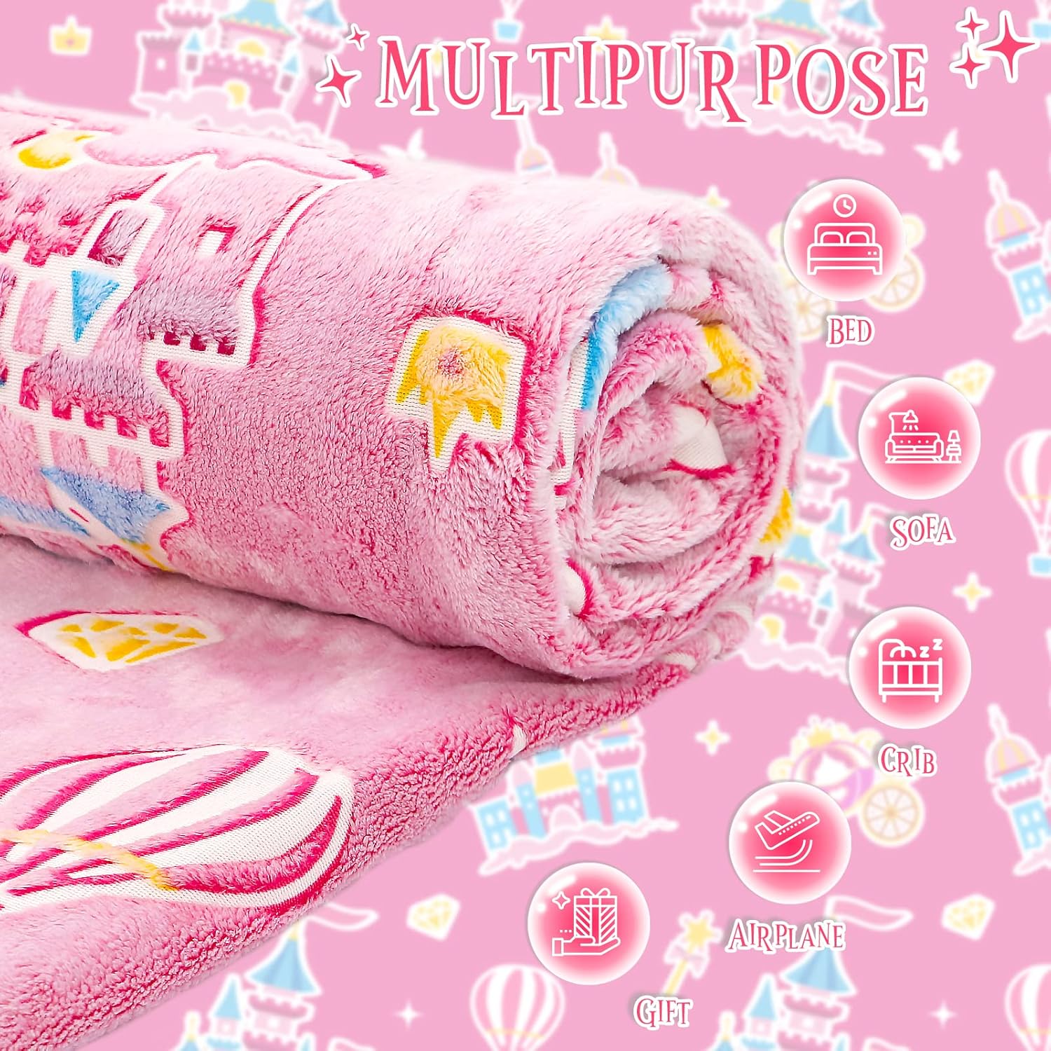 Princess Blanket for Girls - Glow in The Dark Pink Throw
