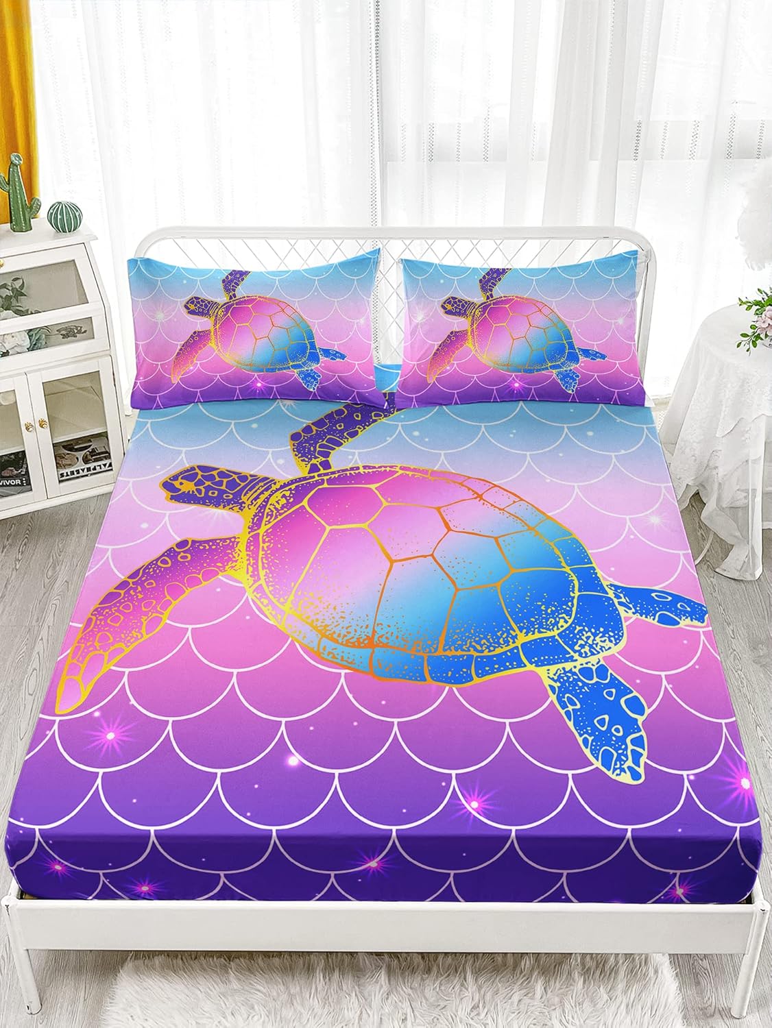 HOSIMA Glitter Star Mermaid Fish Scales Twin Fitted Sheet Set