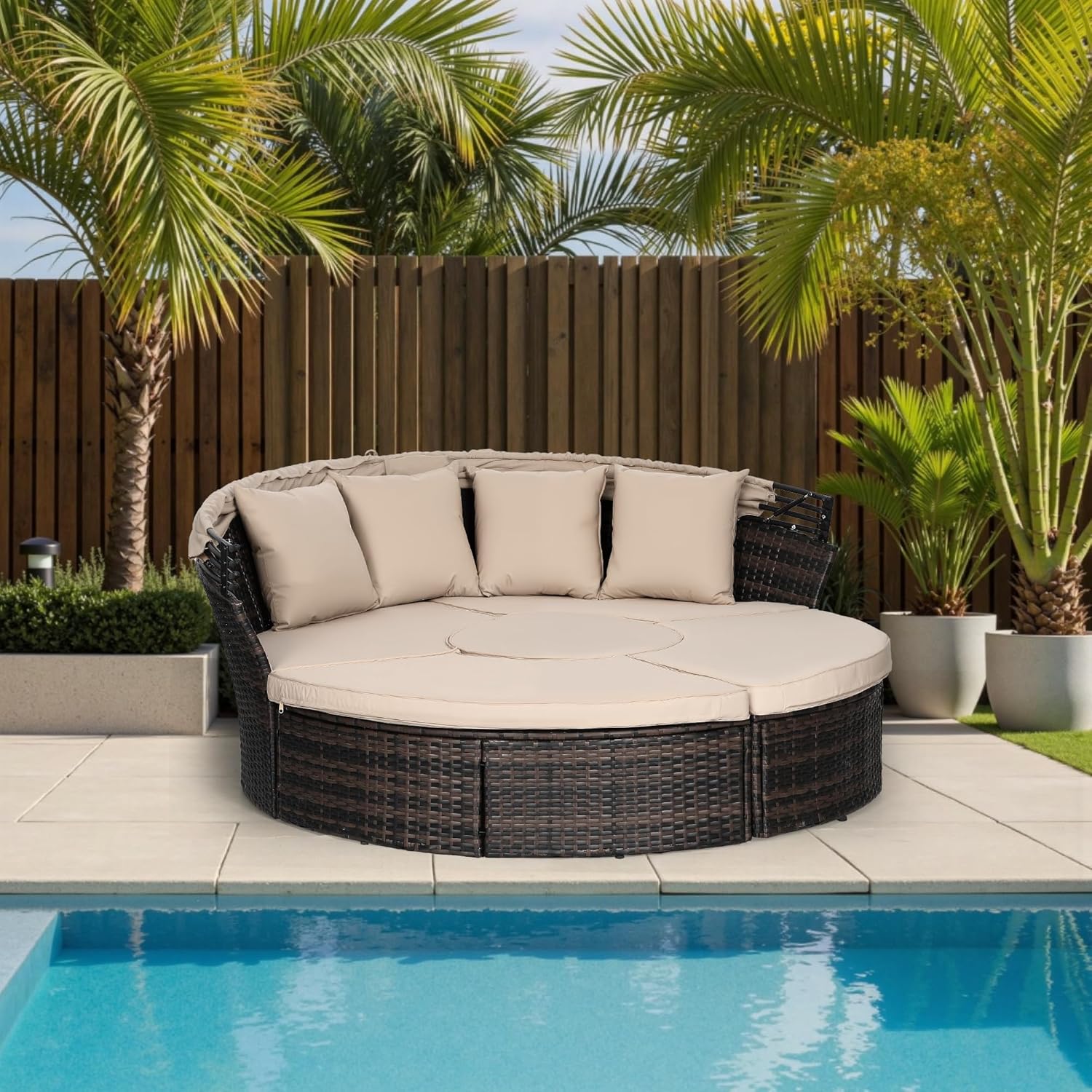 Incbruce Round Daybed with Retractable Canopy Black Wicker