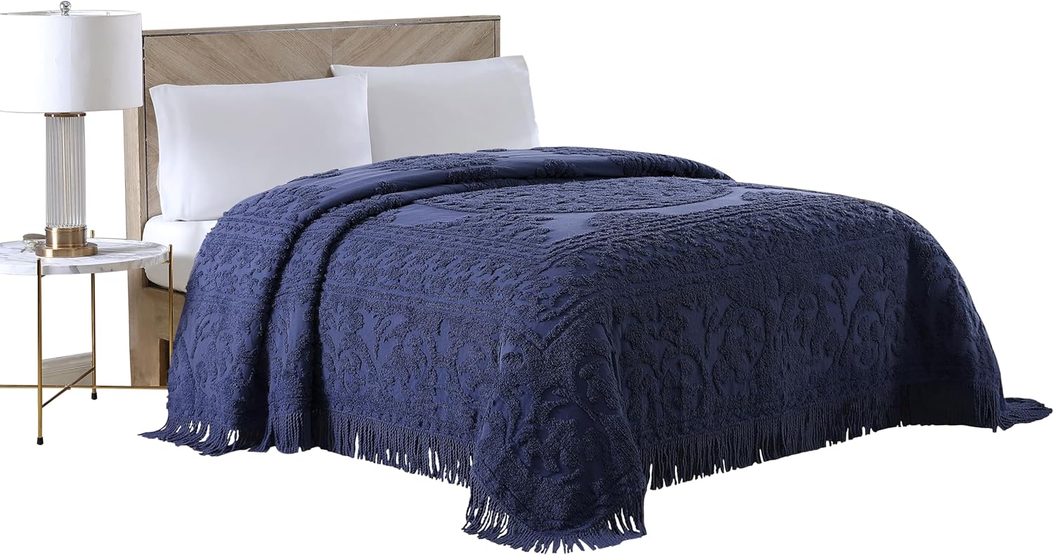 Beatrice Home Fashions Medallion Chenille Bedspread Queen Navy
