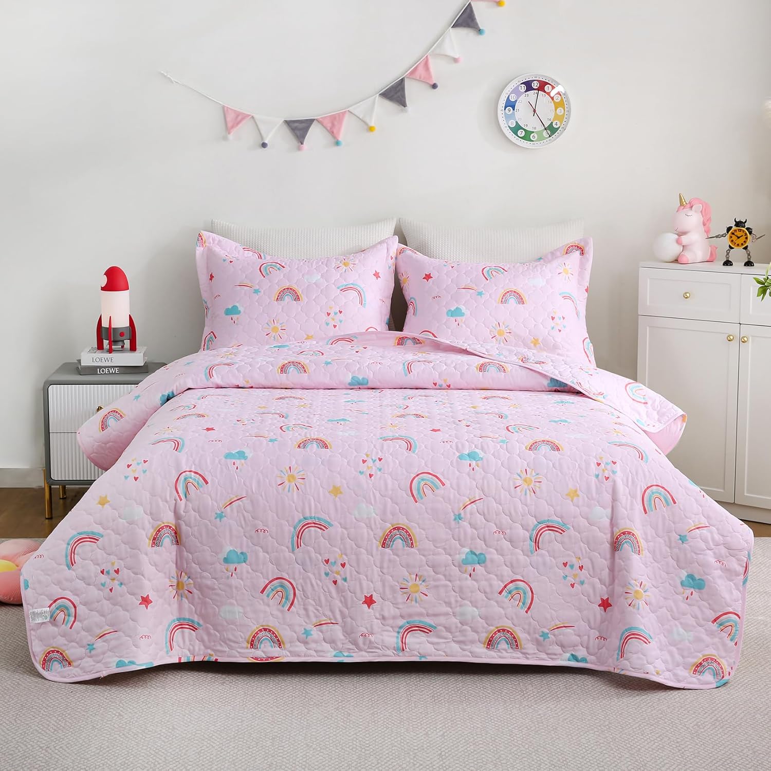 CIMVI Pink Rainbow Quilt Set for Kids