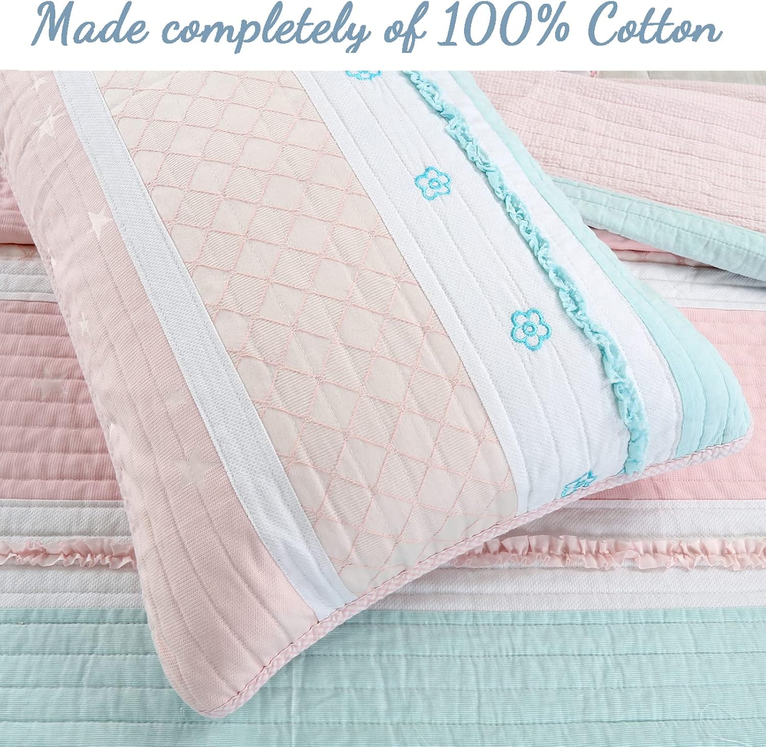 Cozy Line Light Pink Blue Ruffles Quilt Bedding Set 3 Piece