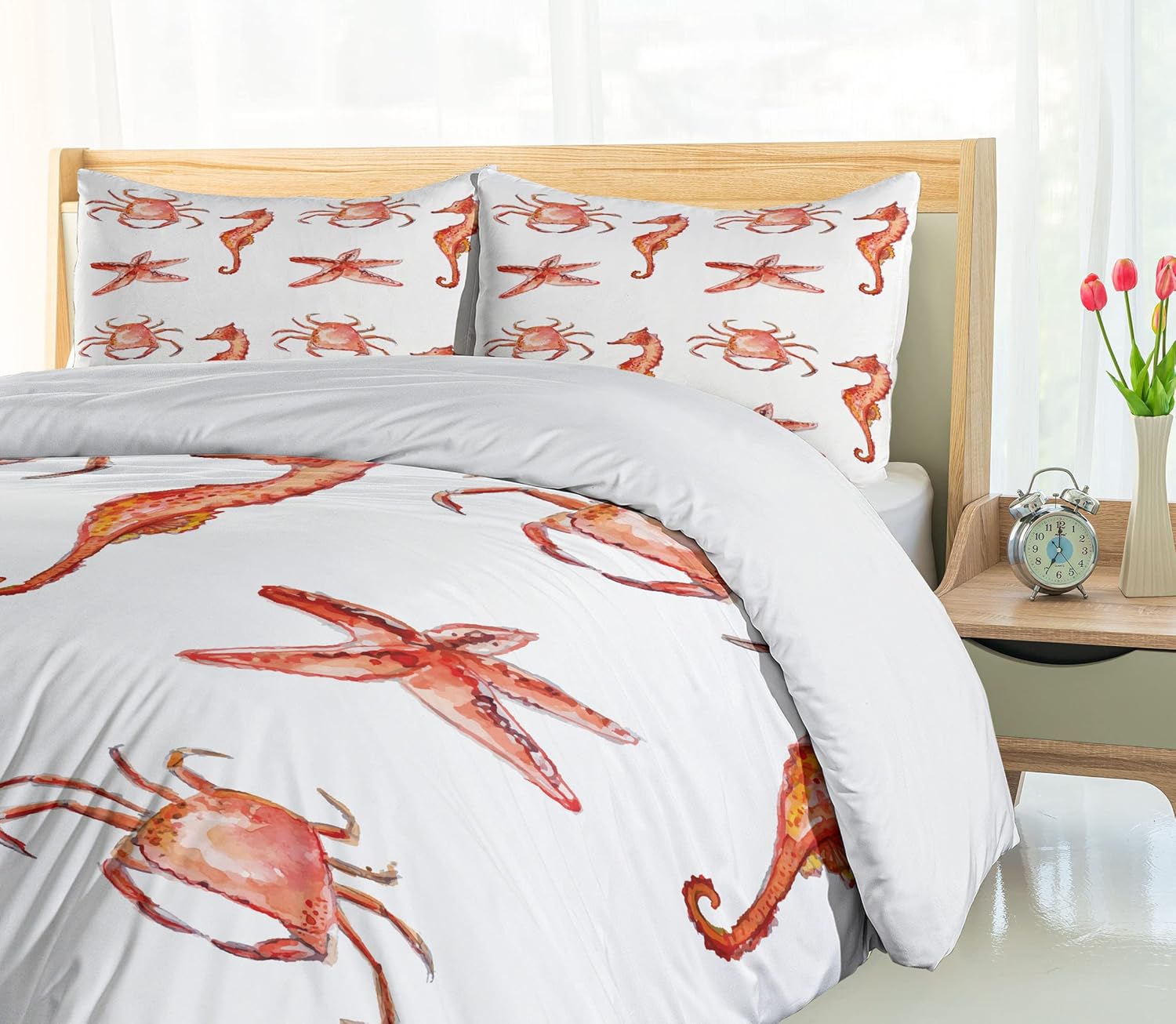Ambesonne Nautical Duvet Cover Set with Crab and Seahorse Pattern