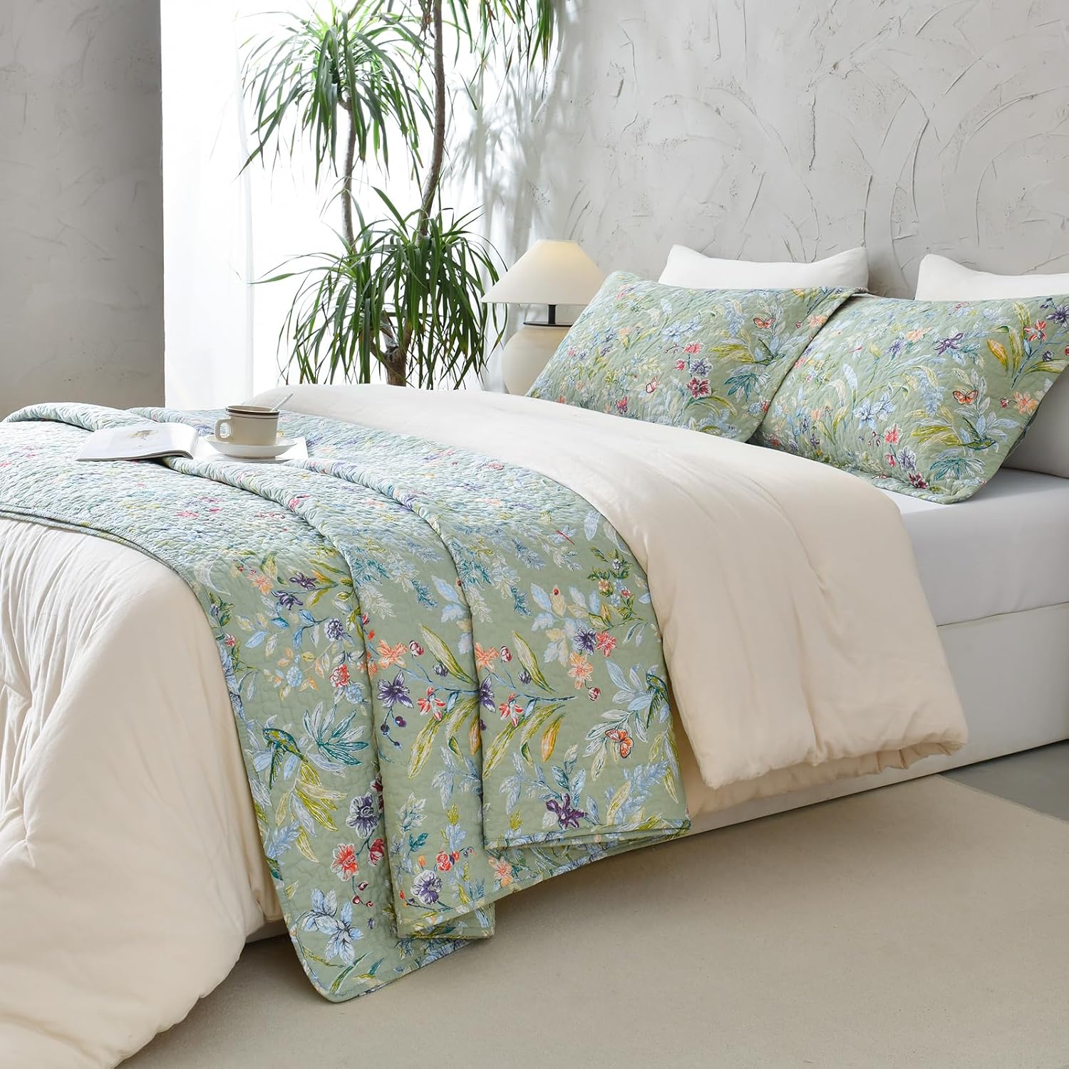 Sanracie Floral Quilt Set - 3pcs Cotton King Size