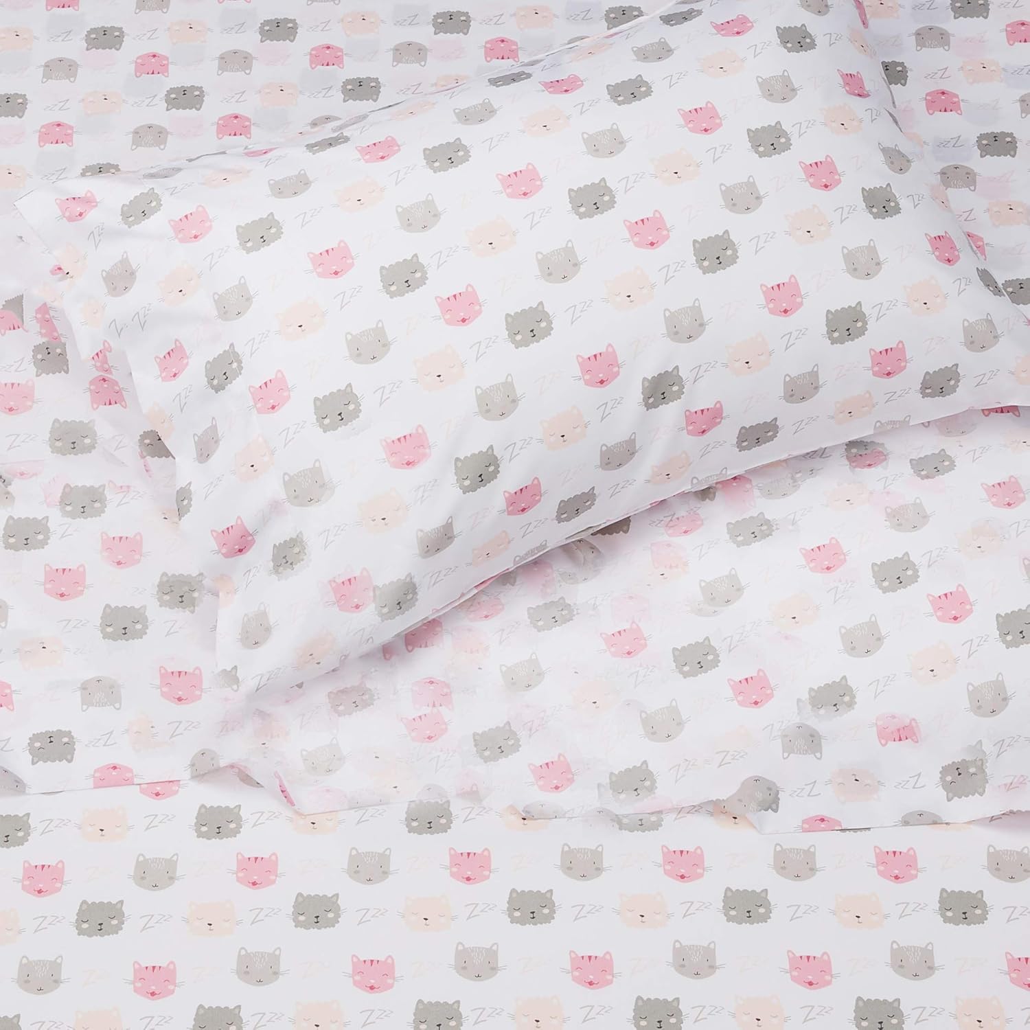 Amazon Basics Kids Soft Microfiber 3-Piece Sheet Set Twin Peony Pink Kitties