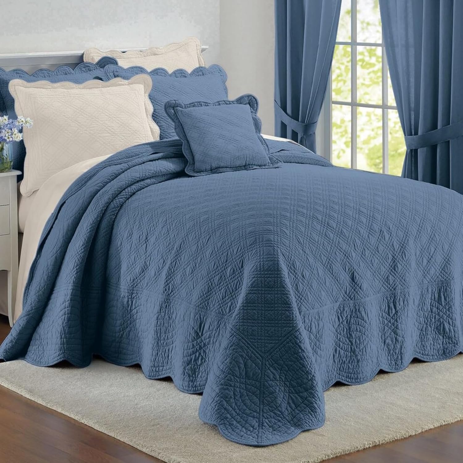 BrylaneHome Bedding Soft 100 Cotton Bedspread - King Blue Stripe