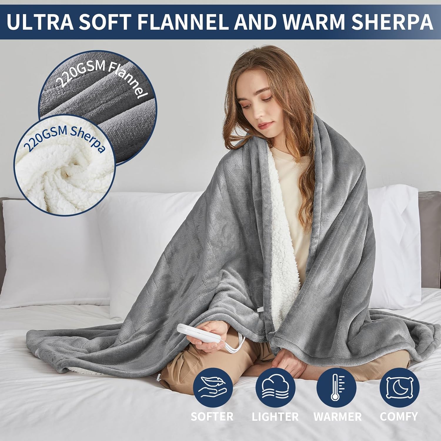 JKMAX Heated Blanket 72x84 Grey 5 Heating Levels 4H Auto Off