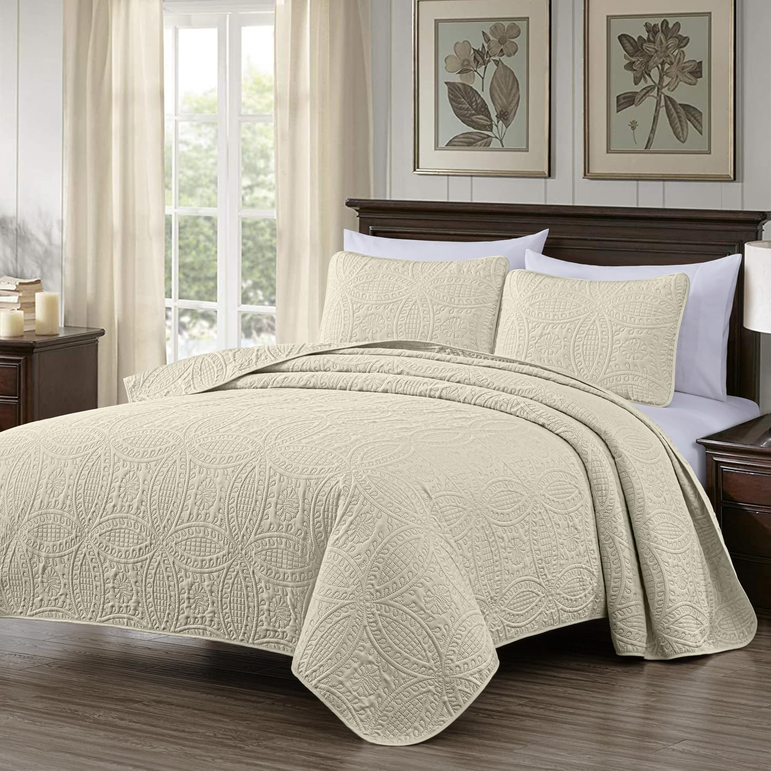 Chezmoi Austin 3-Piece Oversized Bedspread Set King Ivory