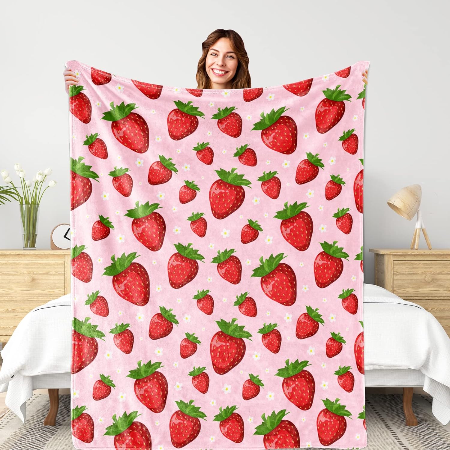 Pink Strawberry Throw Blanket for Kids Soft Fuzzy 50x60 Inches