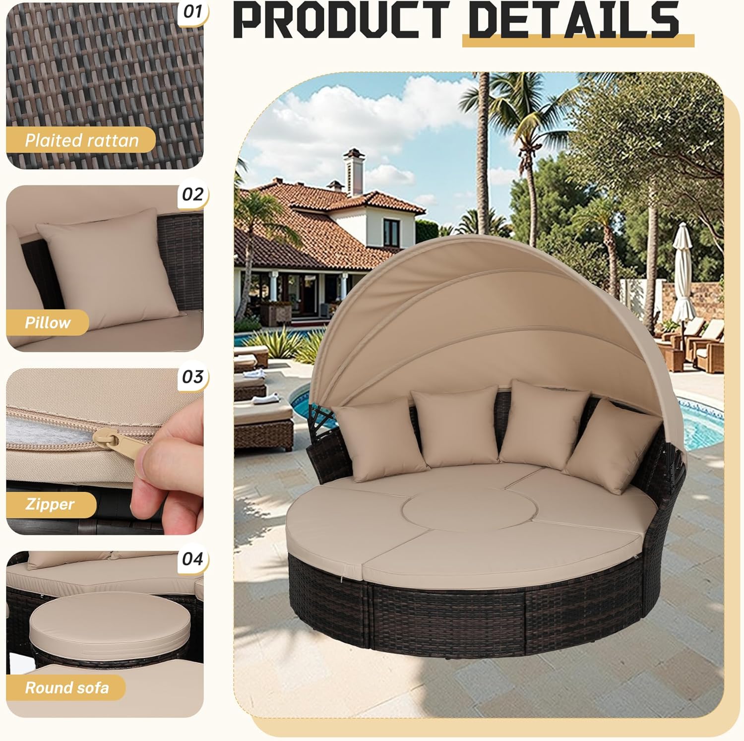 Incbruce Round Daybed with Retractable Canopy Black Wicker