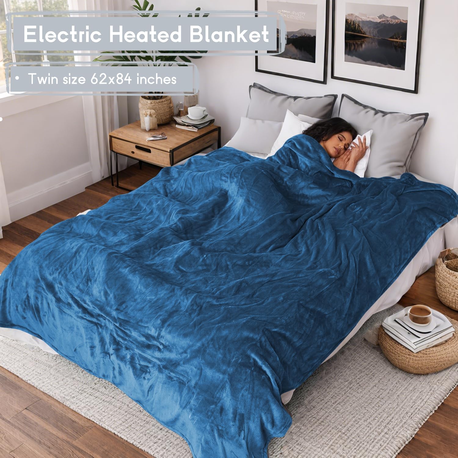 Minervada Electric Heated Blanket Twin 62x84 Flannel Warm Blue