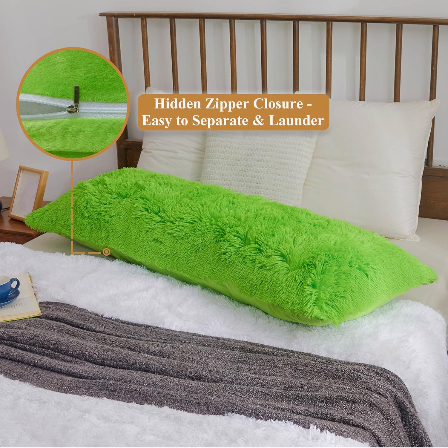 XeGe Faux Fur Body Pillow Cover 20x54 Lime Green with Zipper