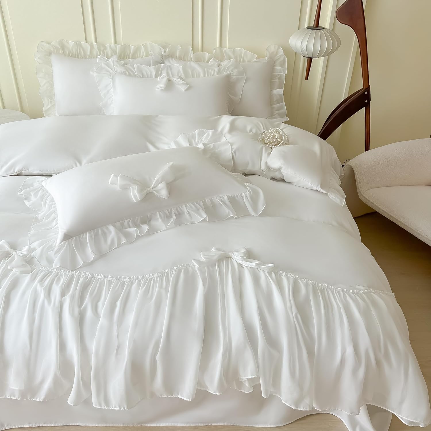 SOUKECHY Chic Lace Duvet Cover Set with Bow and Zipper - White Twin