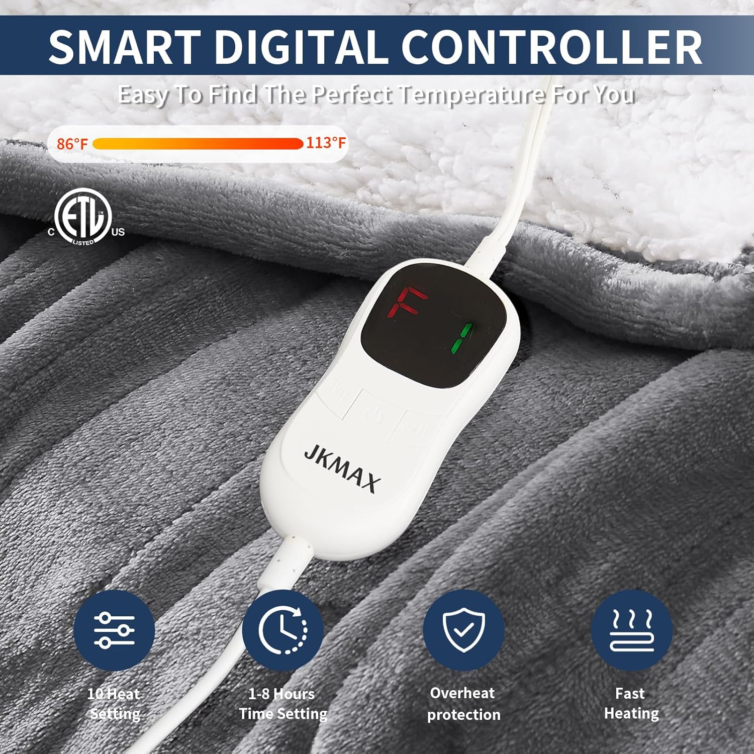 JKMAX Heated Blanket 72x84 Grey 5 Heating Levels 4H Auto Off