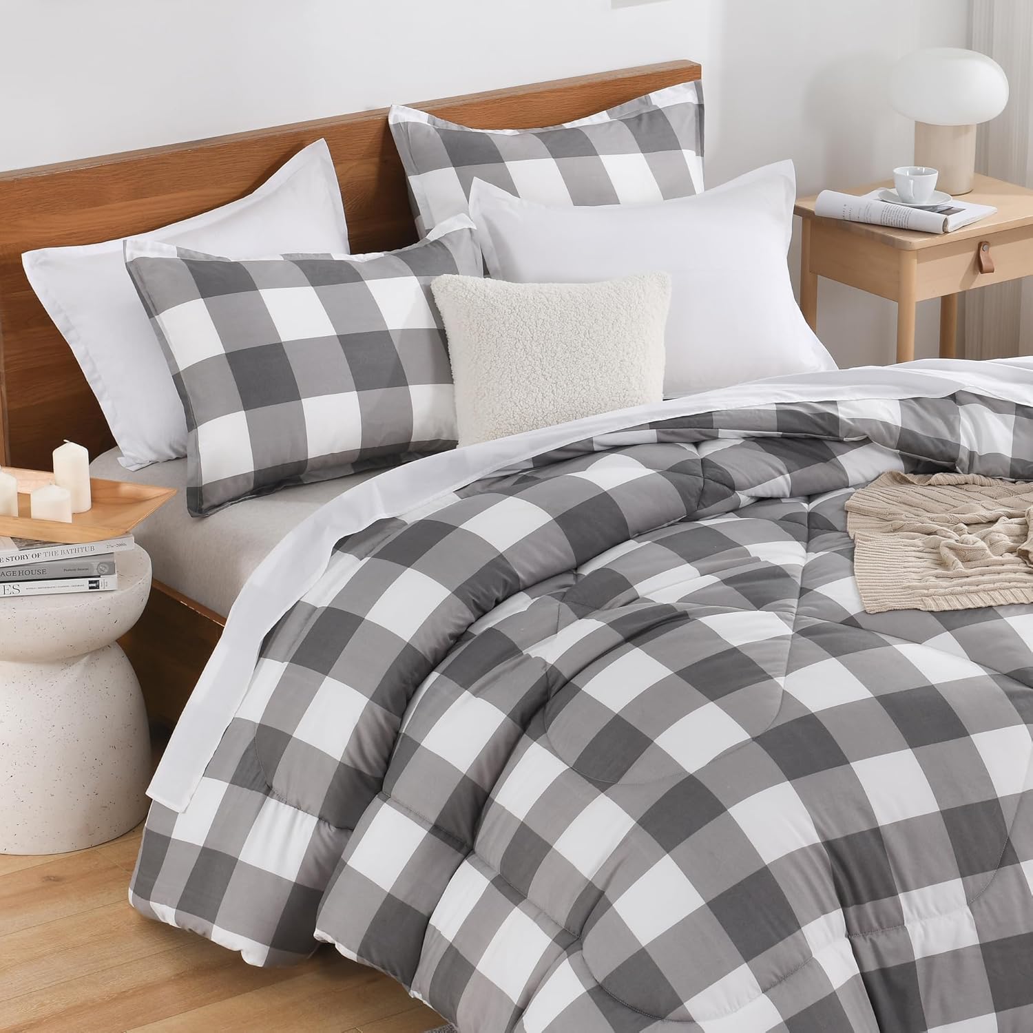 Andency Grey Queen Plaid Comforter Set 3 Piece