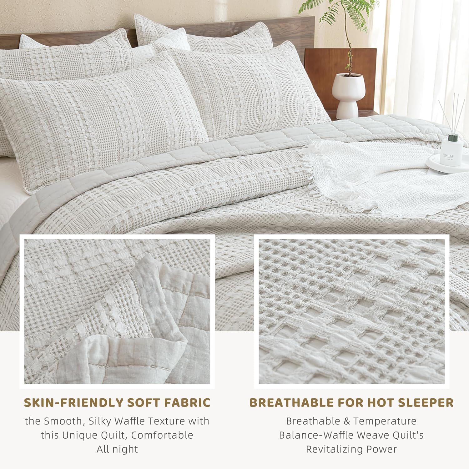 Sanracie 100 Cotton Oversized Queen Bedspread Set Khaki Waffle Weave 1