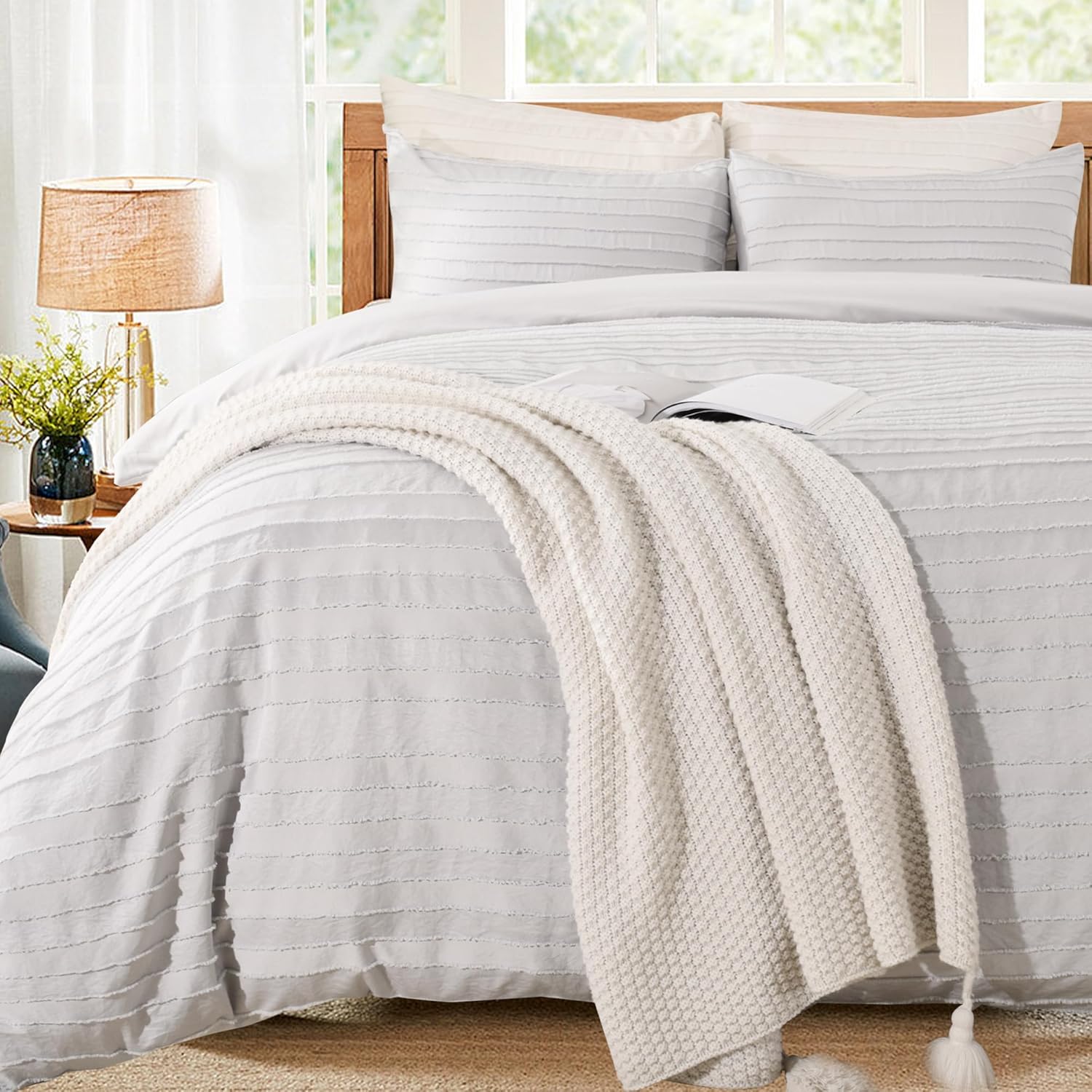 NEXHOME PRO Twin Duvet Cover Set - Light Grey Boho Tufted