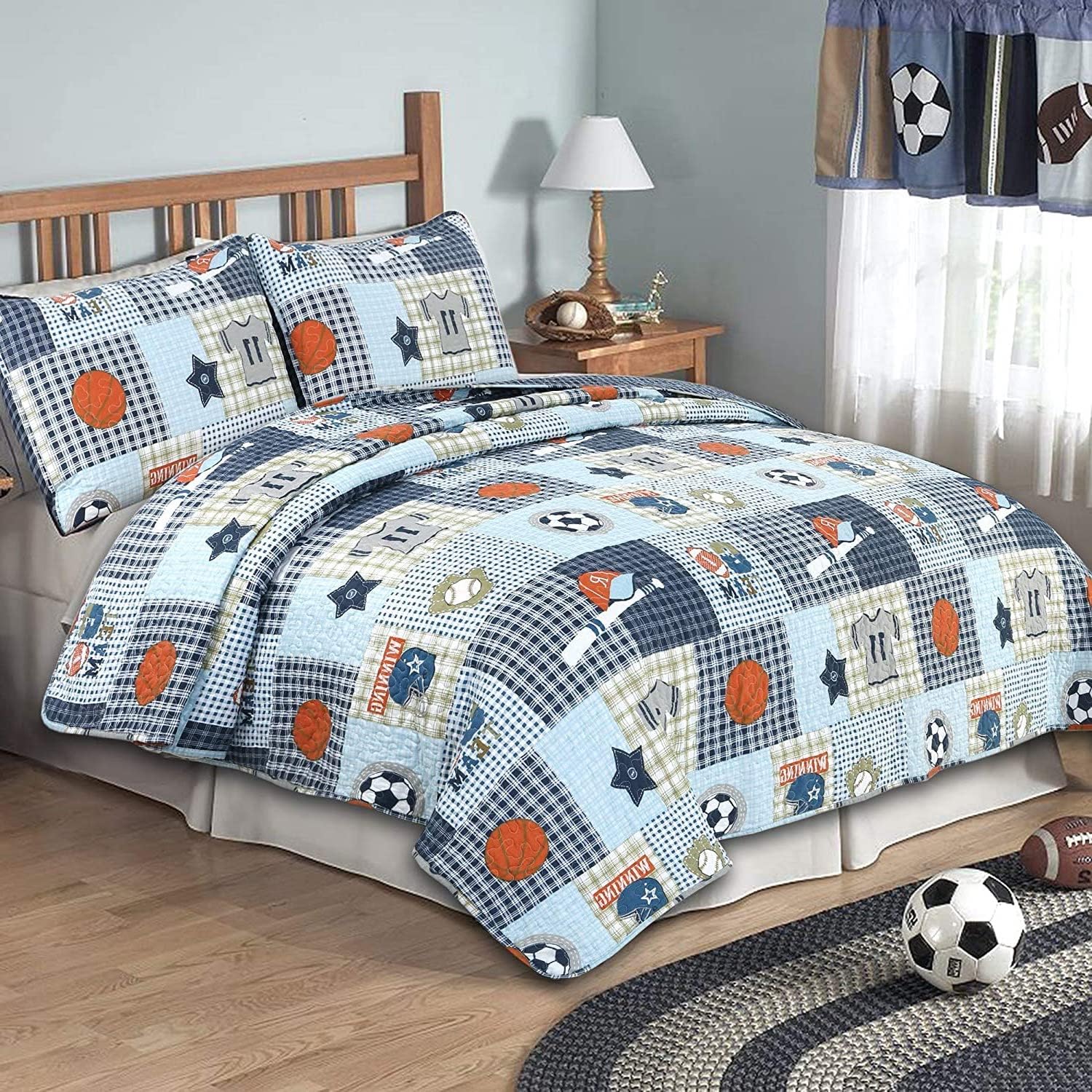 Cozy Line Blue Sports Quilt Set for Boys Kids Queen