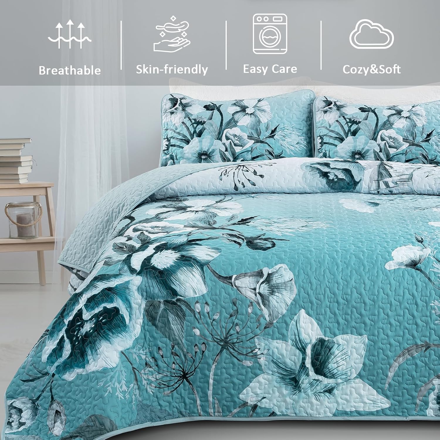 Drucon Blue Floral Quilt Set Queen 3 Pieces